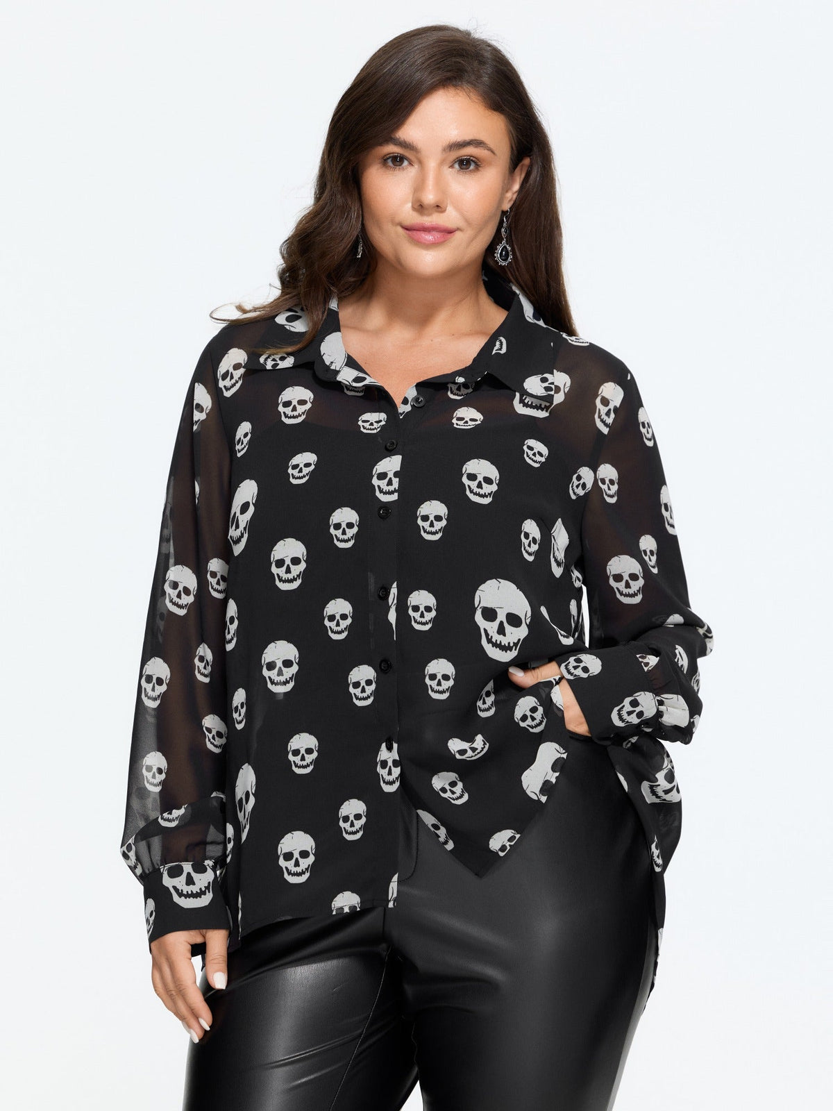 Skull Print Sheer Chiffon Button‑Down Blouse