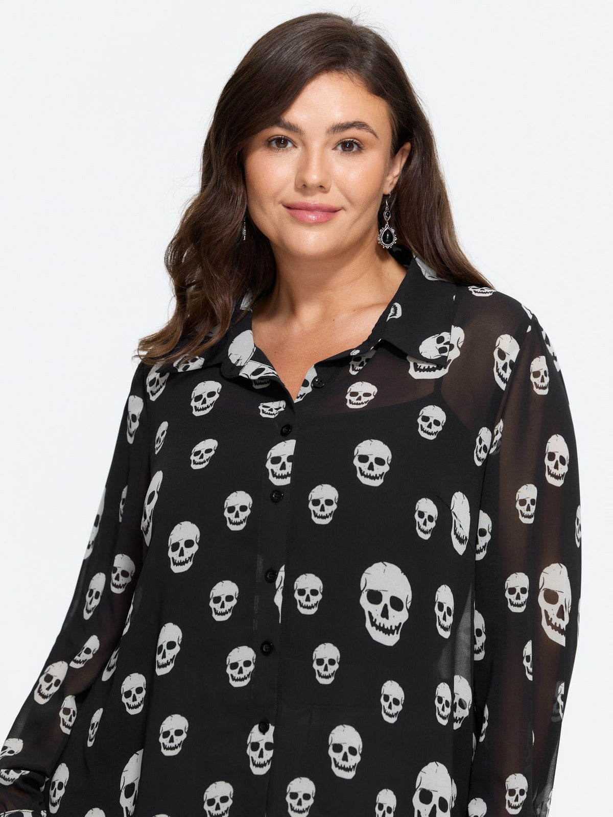 Skull Print Sheer Chiffon Button‑Down Blouse