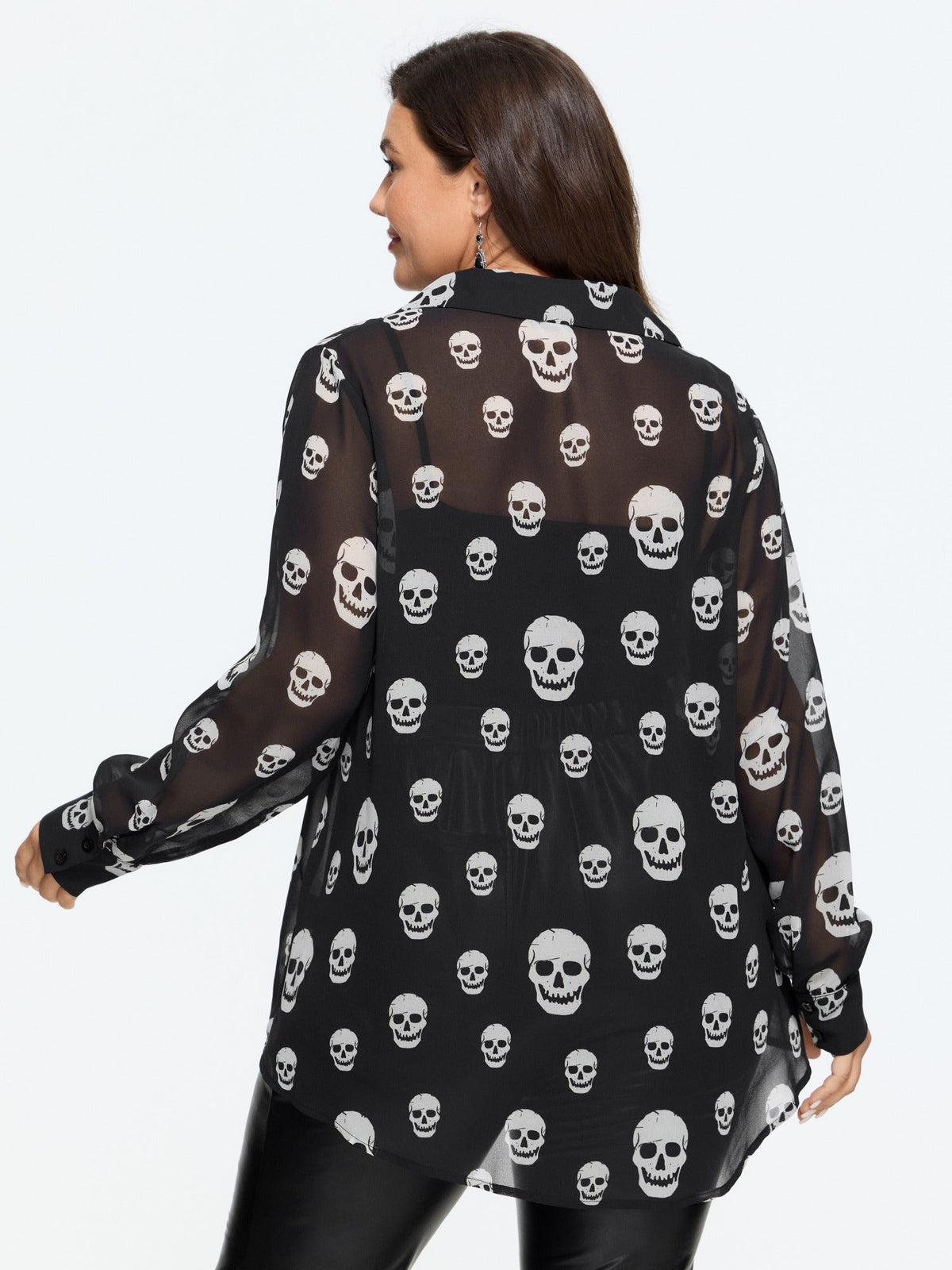 Skull Print Sheer Chiffon Button‑Down Blouse