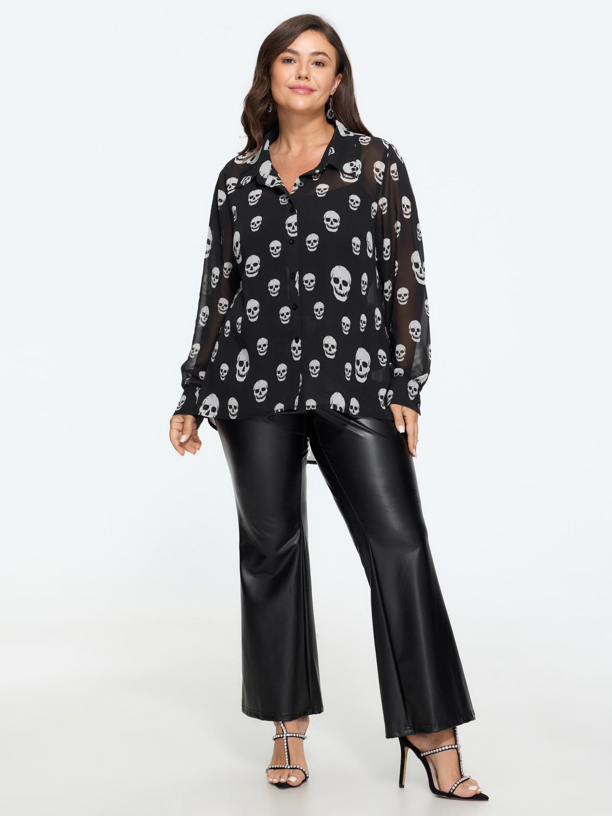 Skull Print Sheer Chiffon Button‑Down Blouse