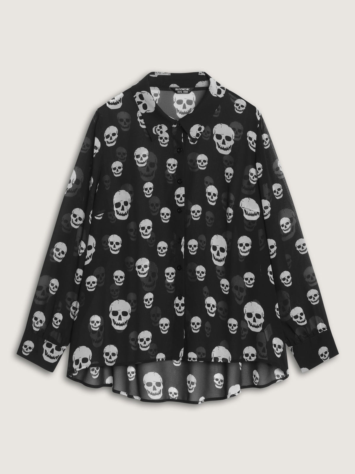 Skull Print Sheer Chiffon Button‑Down Blouse
