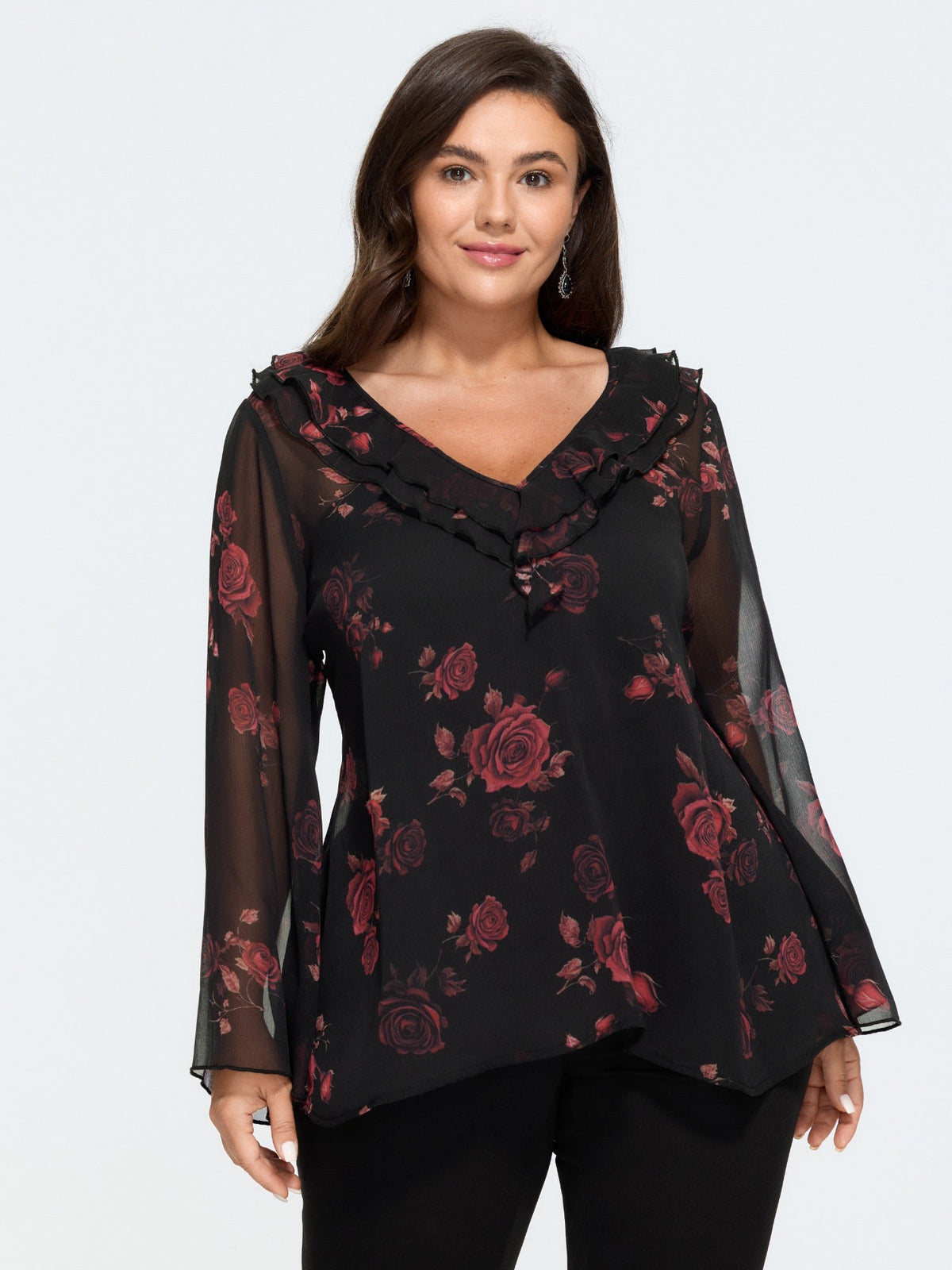 Rose Print Ruffle V‑Neck Sheer Chiffon Blouse