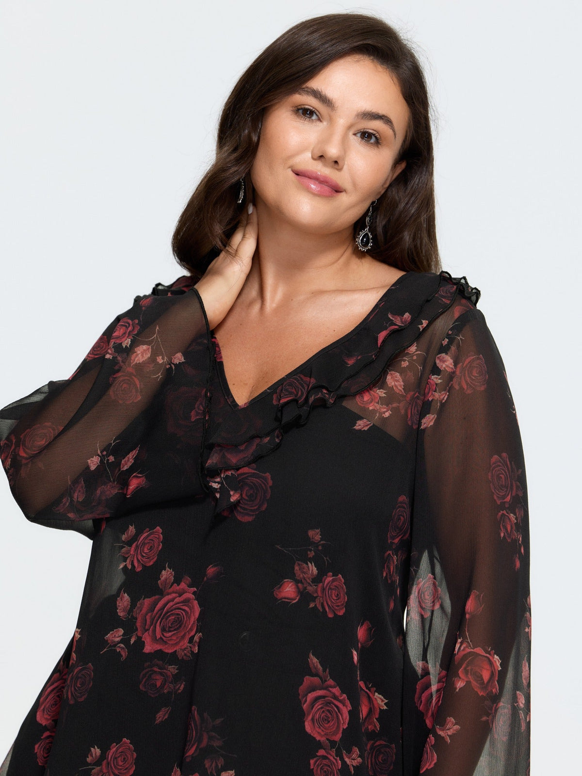 Rose Print Ruffle V‑Neck Sheer Chiffon Blouse