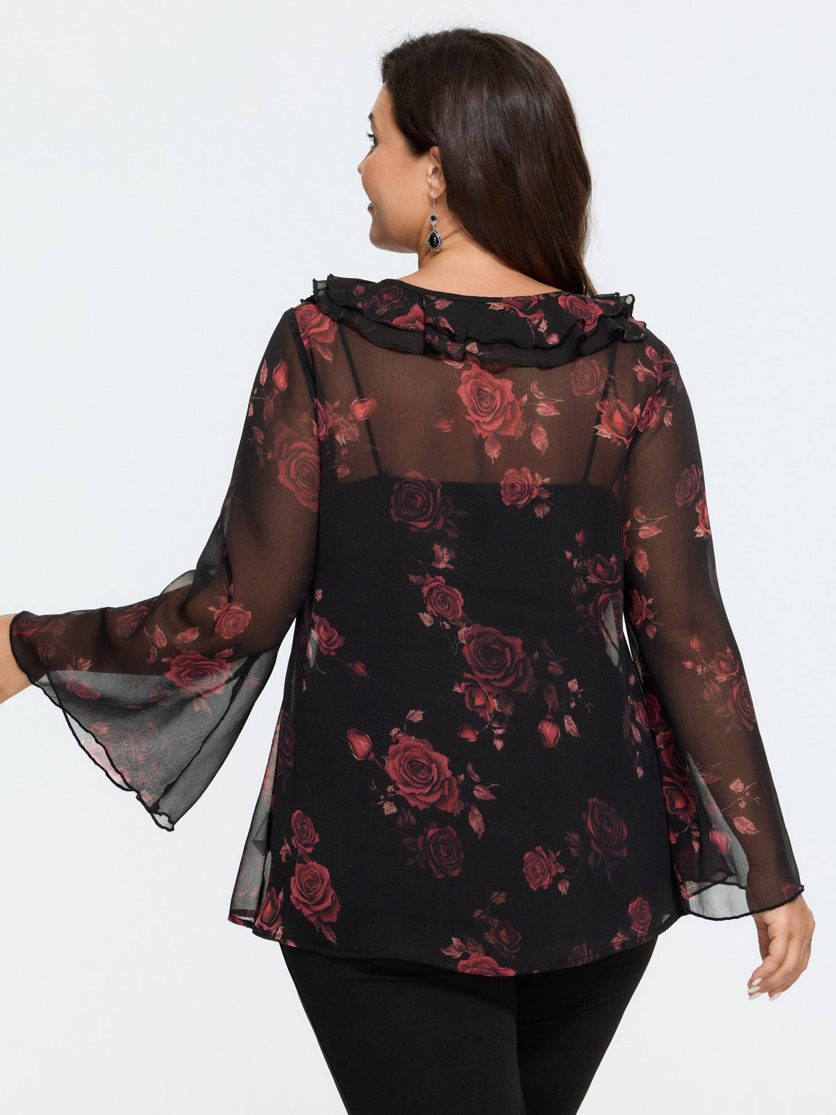 Rose Print Ruffle V‑Neck Sheer Chiffon Blouse