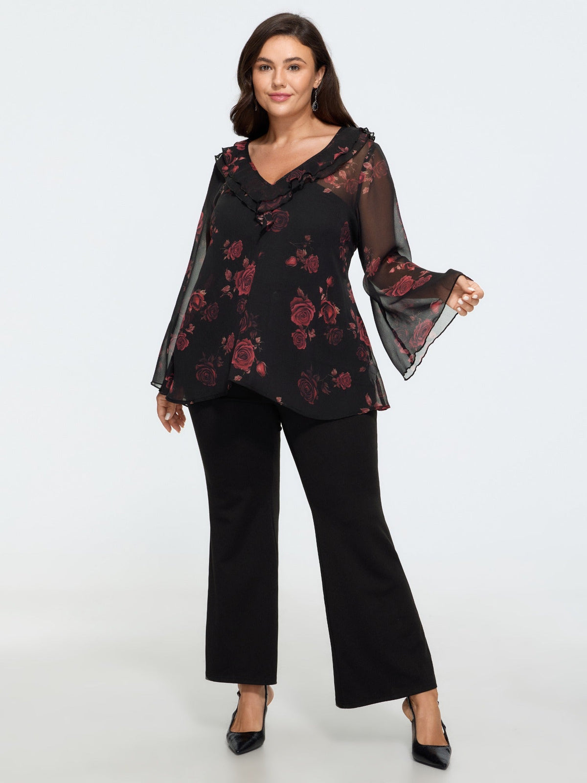 Rose Print Ruffle V‑Neck Sheer Chiffon Blouse