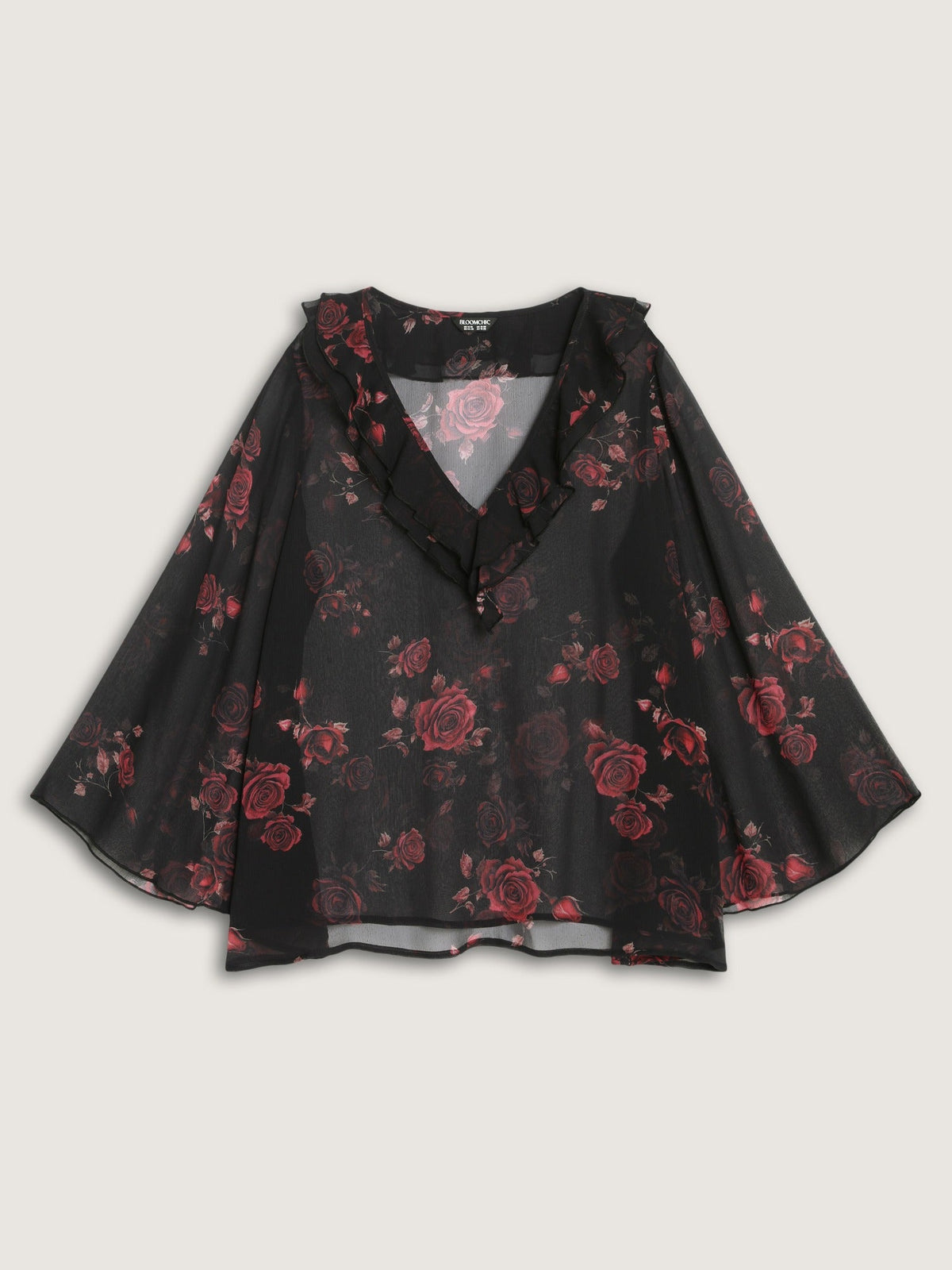 Rose Print Ruffle V‑Neck Sheer Chiffon Blouse