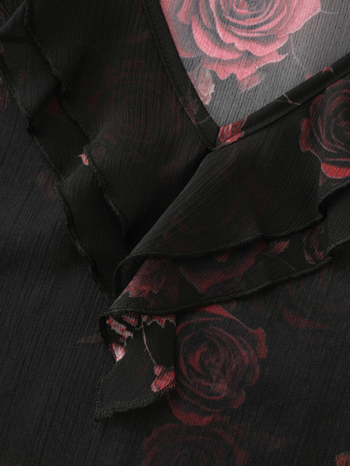 Rose Print Ruffle V‑Neck Sheer Chiffon Blouse