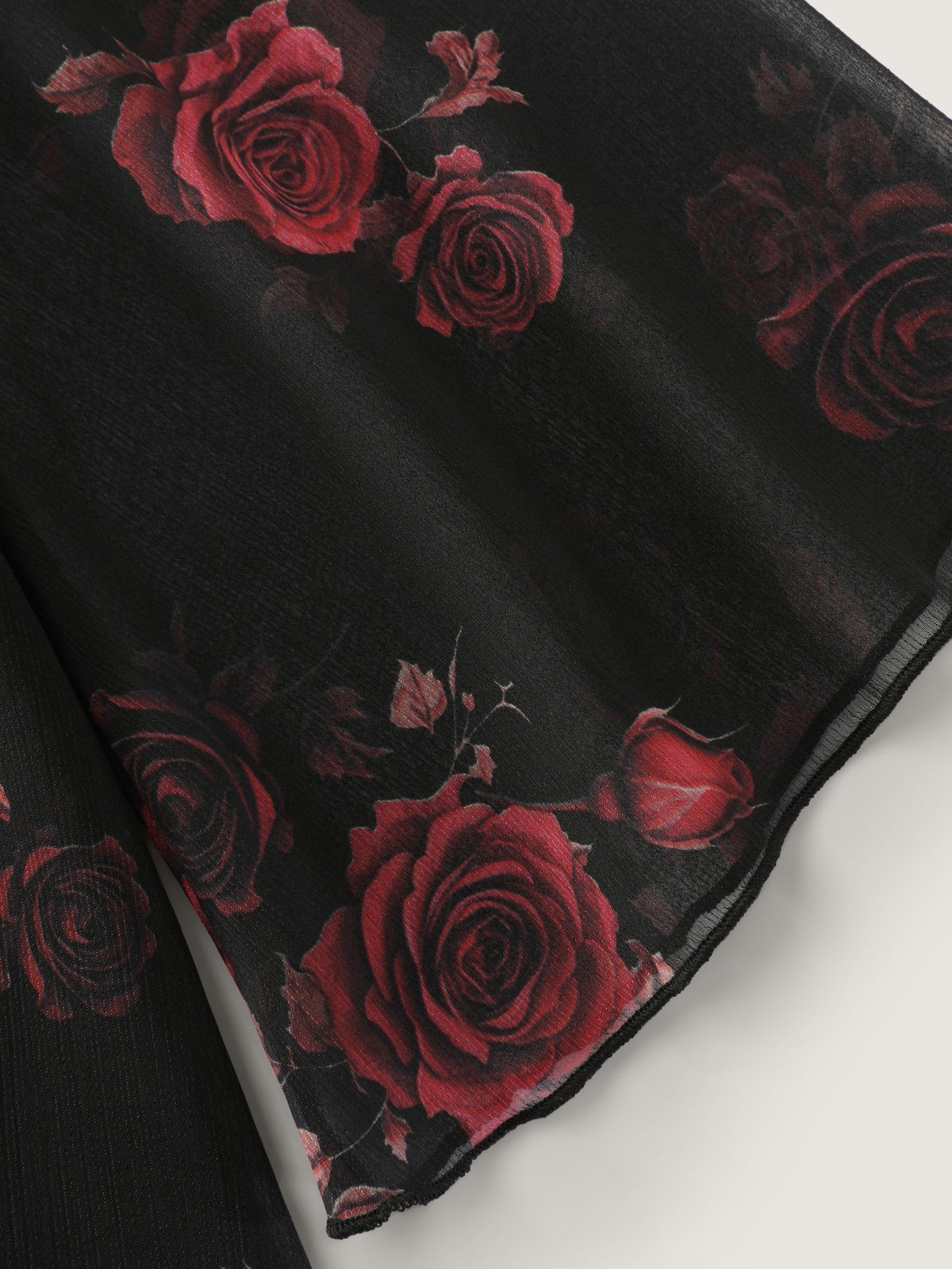 Rose Print Ruffle V‑Neck Sheer Chiffon Blouse