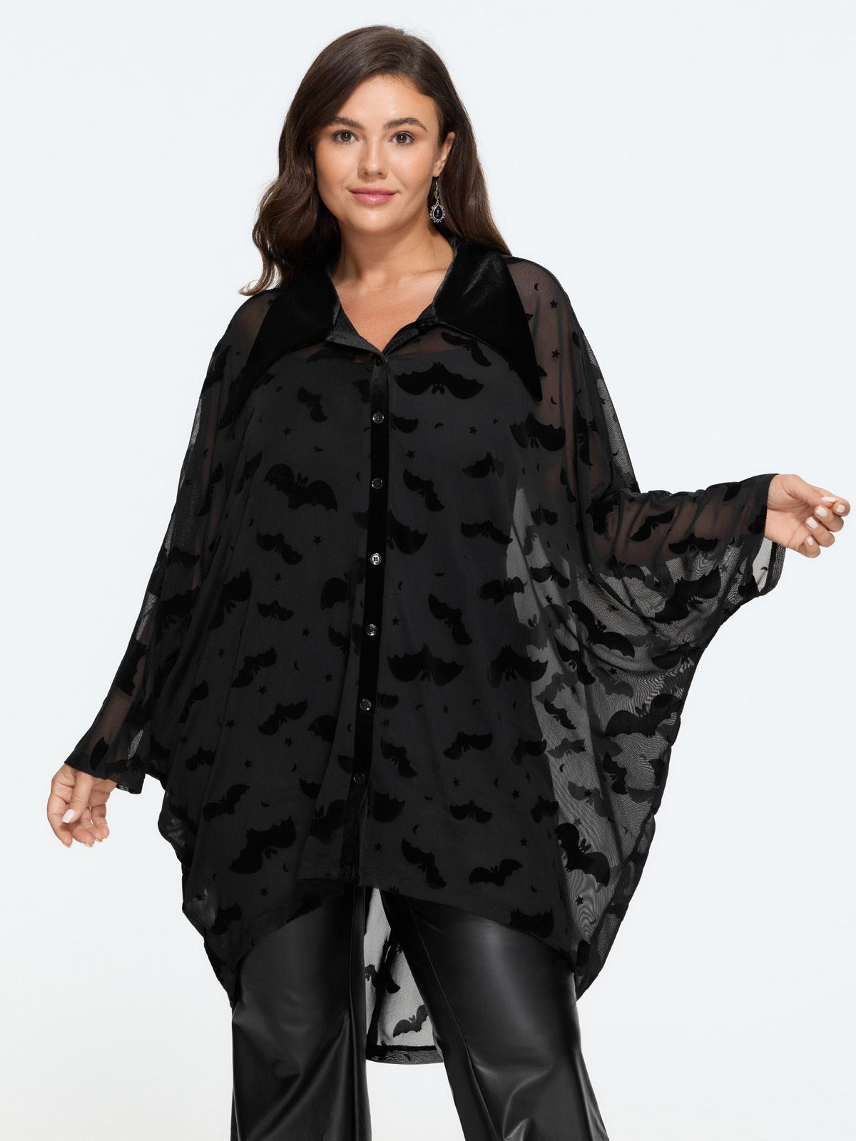 Sheer Bat Flocked Velvet Pointed Collar Button Down Blouse