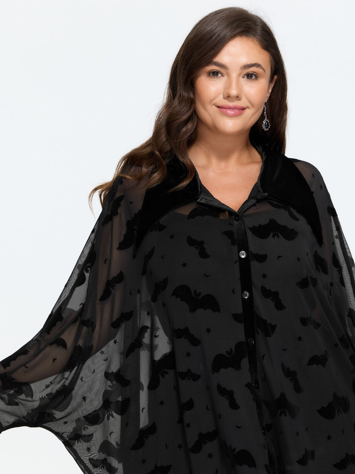 Sheer Bat Flocked Velvet Pointed Collar Button Down Blouse