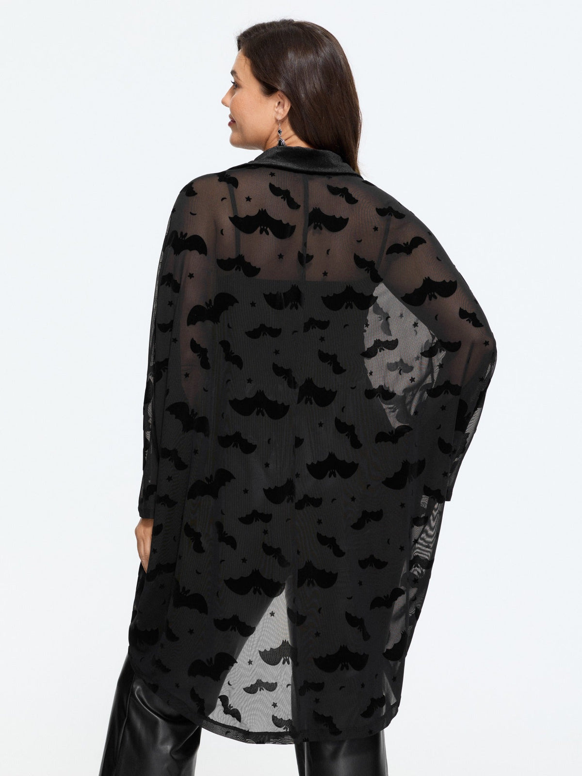 Sheer Bat Flocked Velvet Pointed Collar Button Down Blouse