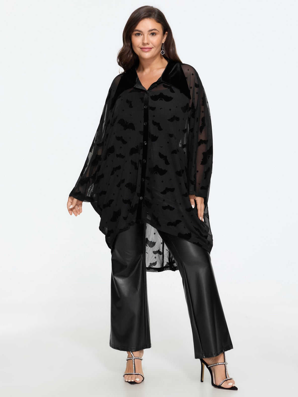 Sheer Bat Flocked Velvet Pointed Collar Button Down Blouse
