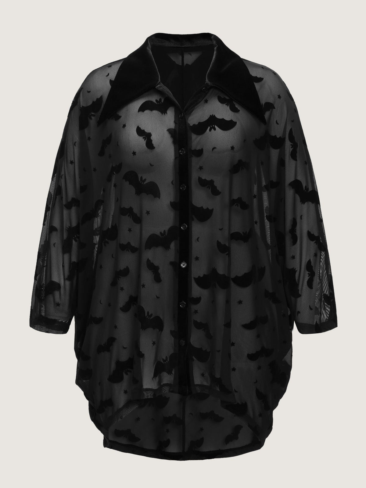 Sheer Bat Flocked Velvet Pointed Collar Button Down Blouse