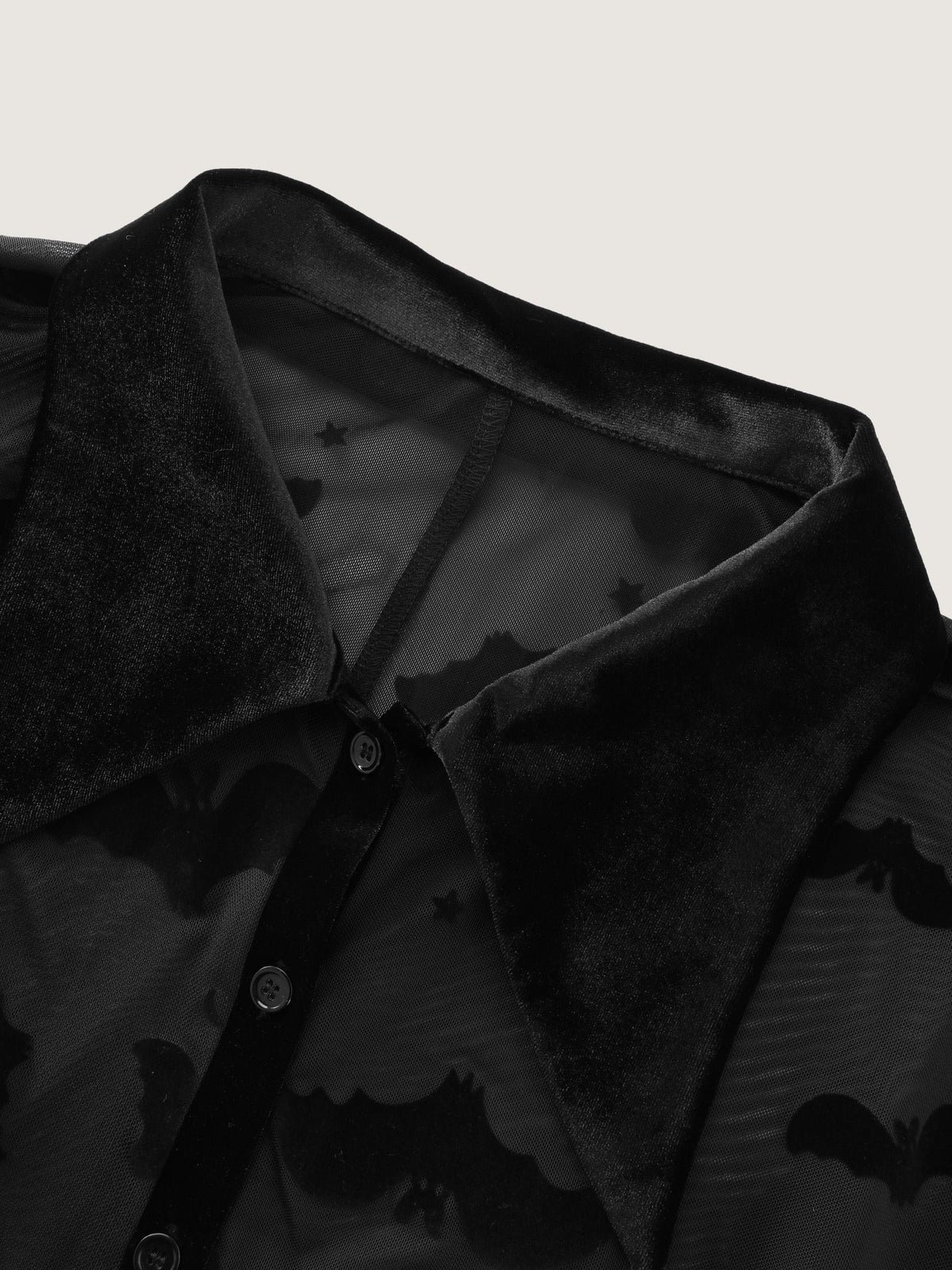 Sheer Bat Flocked Velvet Pointed Collar Button Down Blouse