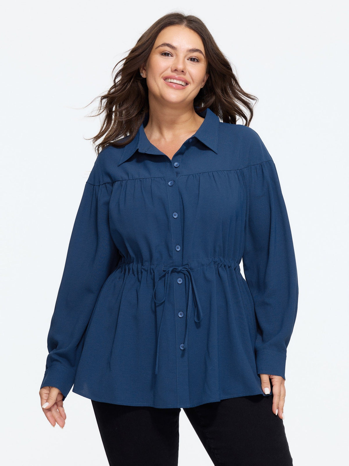 Drawstring Waist Button‑Down Long Sleeve Blouse
