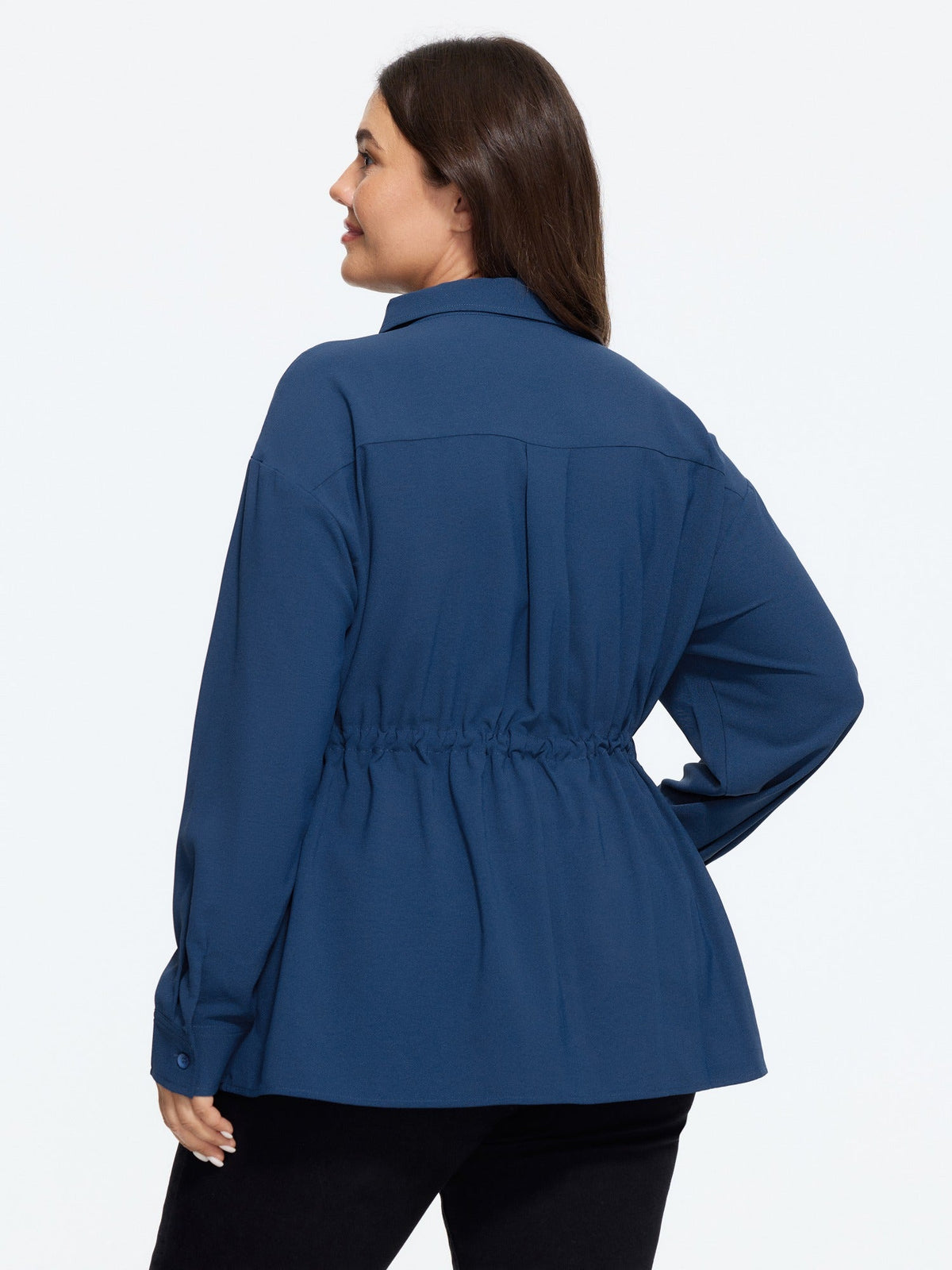 Drawstring Waist Button‑Down Long Sleeve Blouse