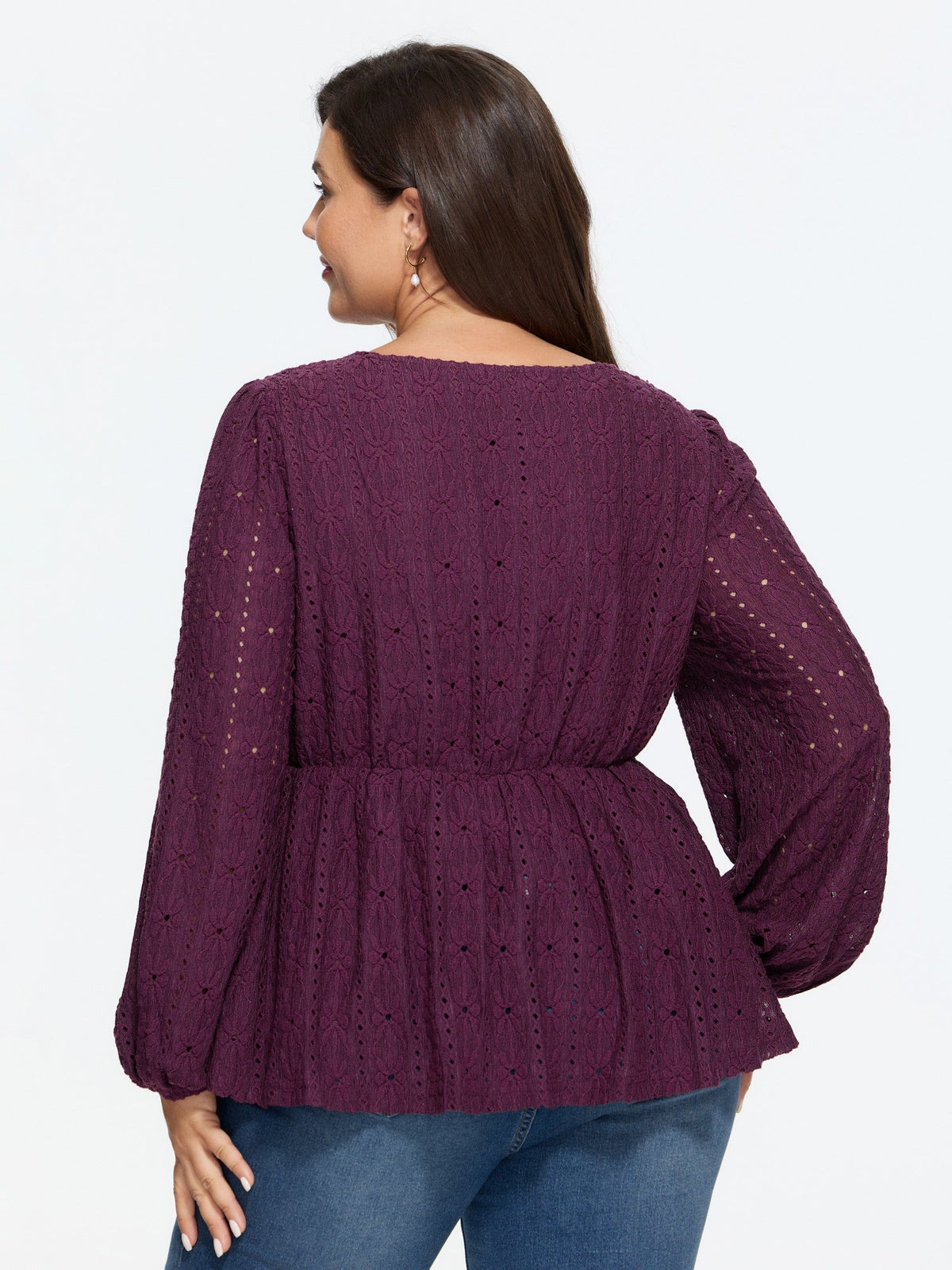 Textured Eyelet V‑Neck Peplum Blouse