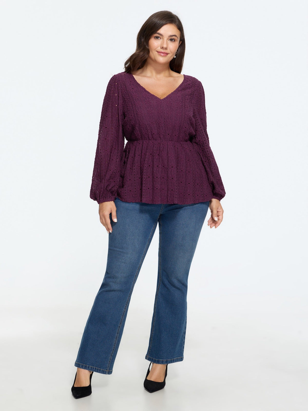 Textured Eyelet V‑Neck Peplum Blouse