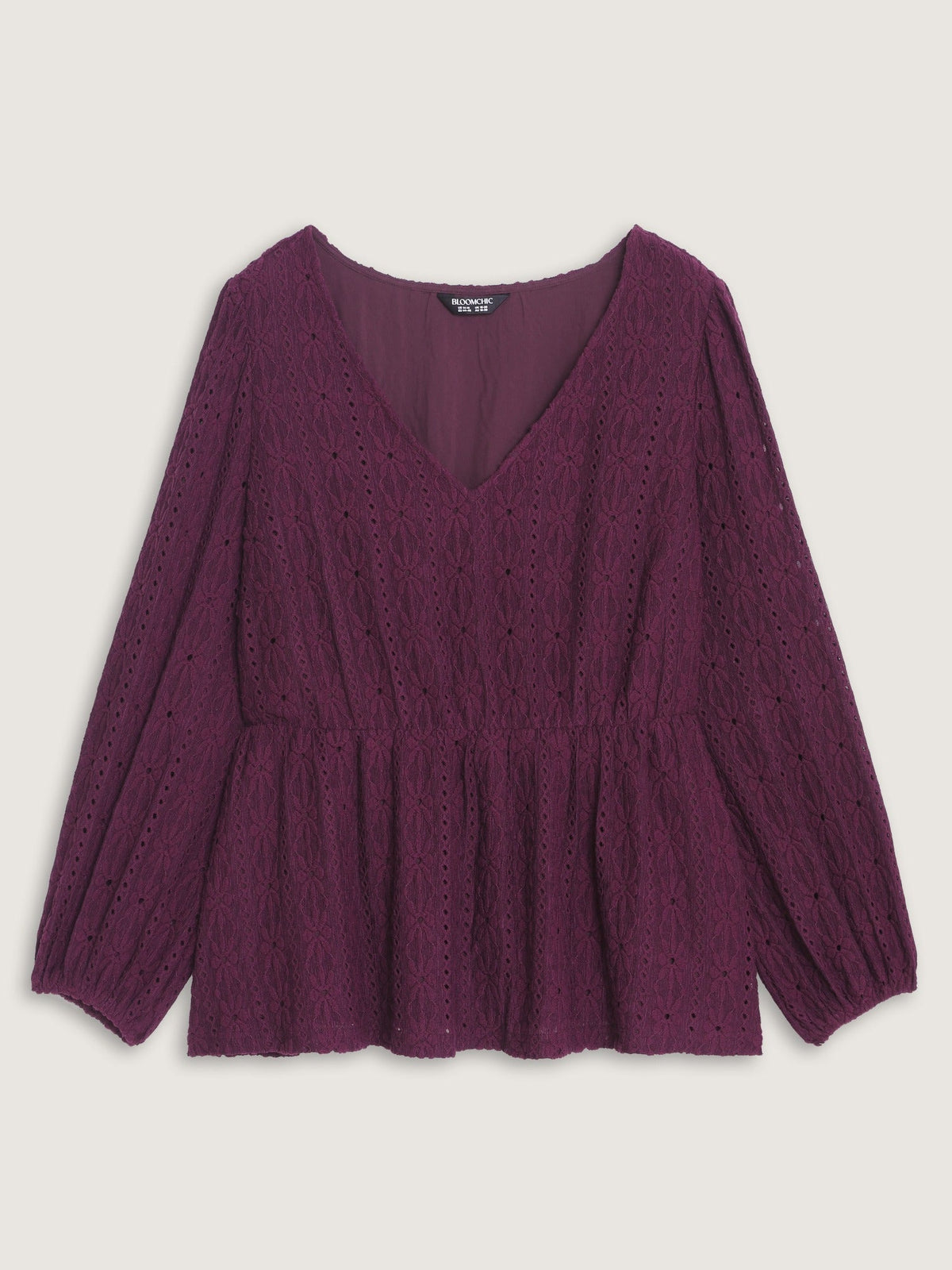 Textured Eyelet V‑Neck Peplum Blouse