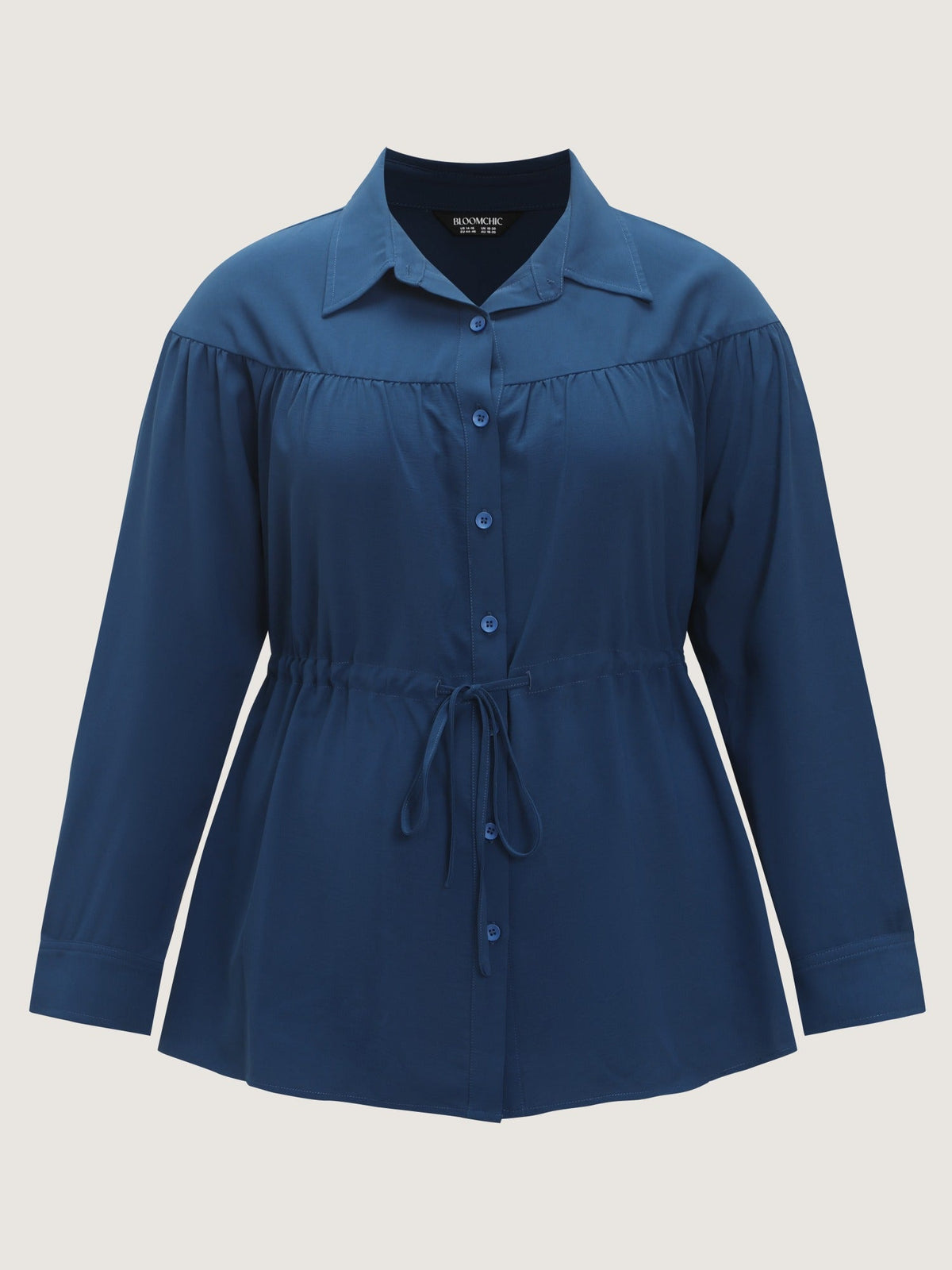 Drawstring Waist Button‑Down Long Sleeve Blouse