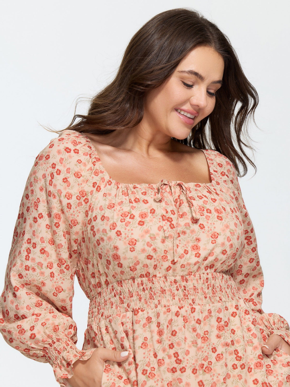 Supersoft Floral Print Tie Front Shirred Waist Midi Dress