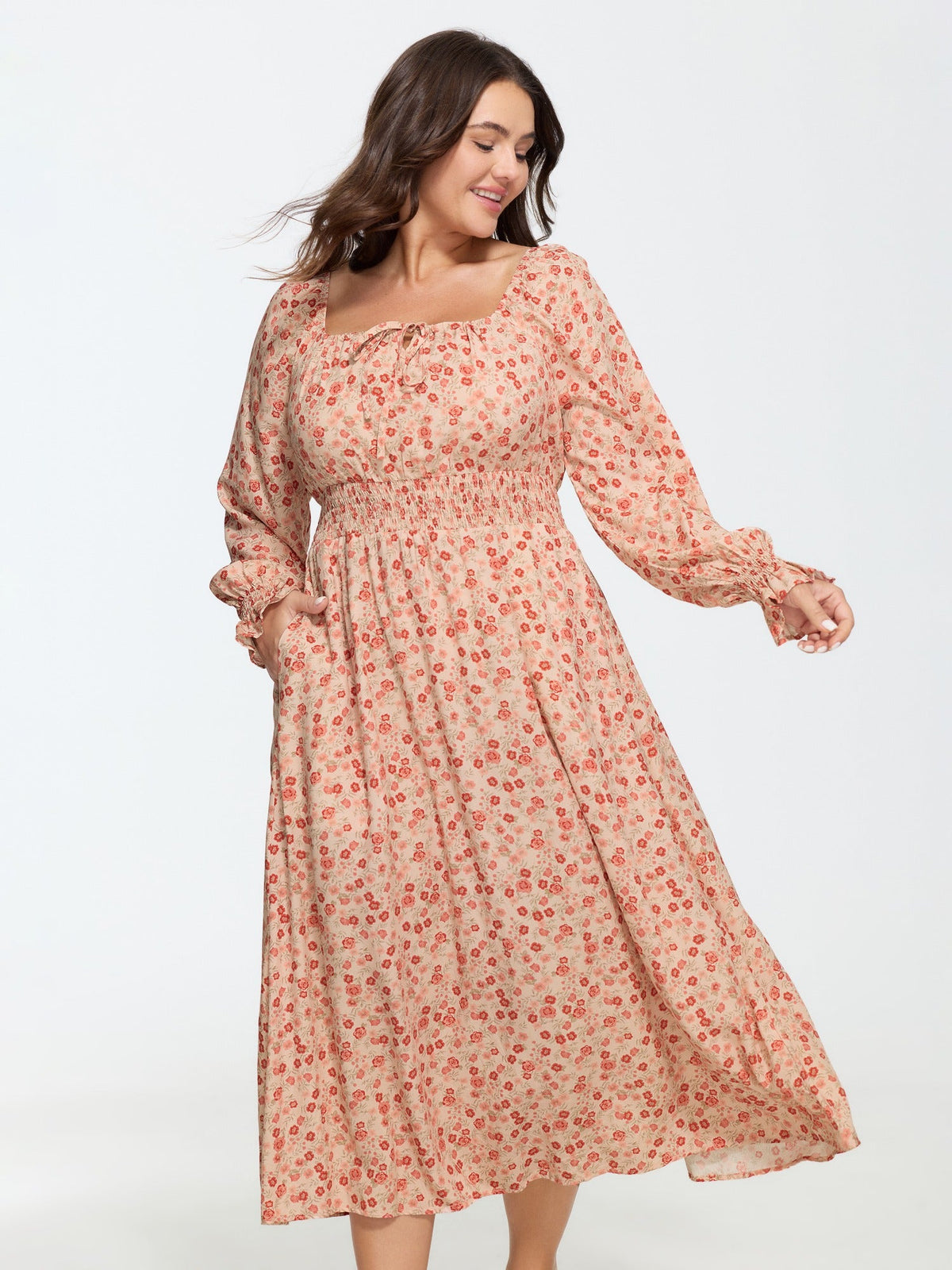 Supersoft Floral Print Tie Front Shirred Waist Midi Dress