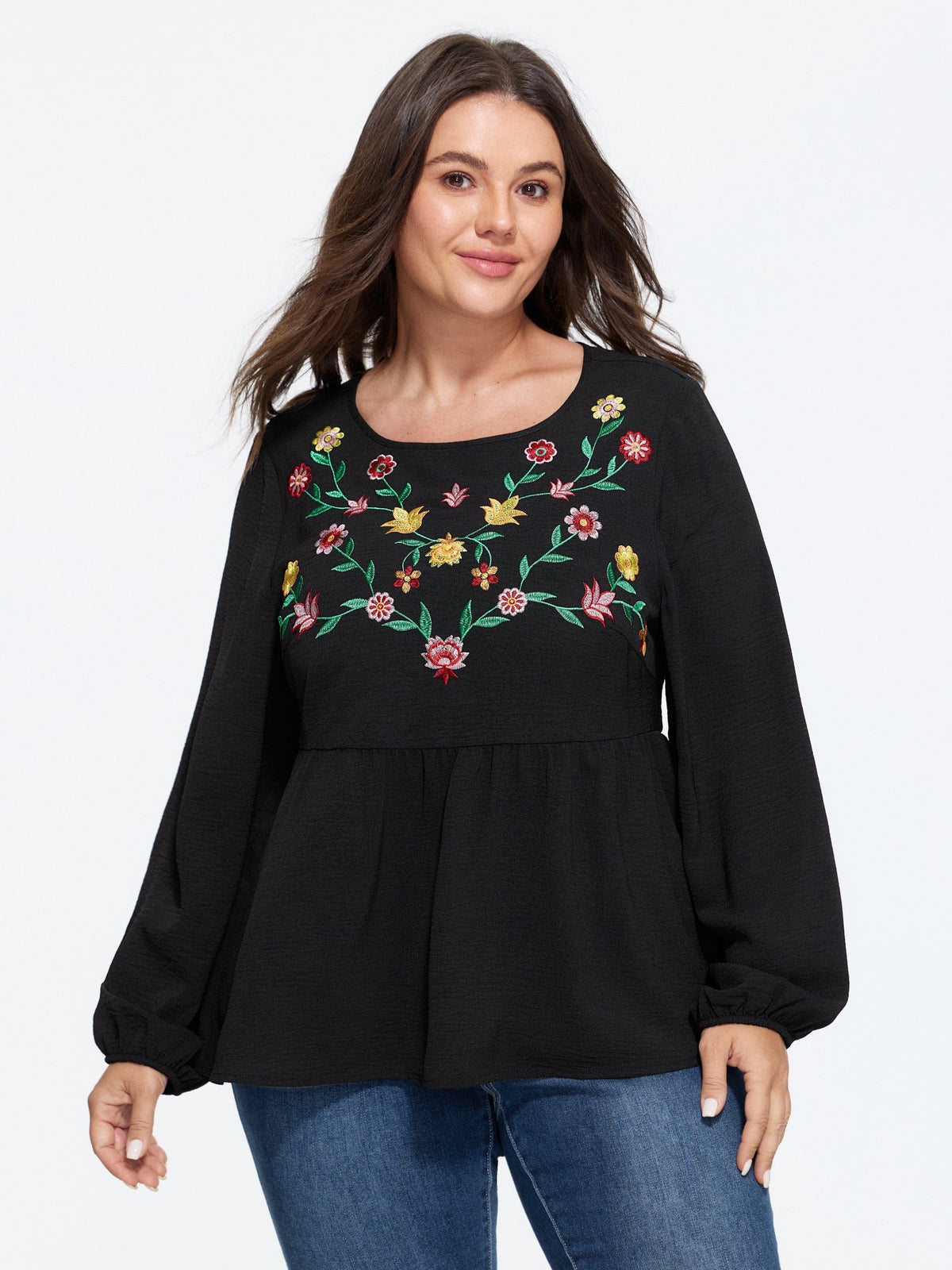 Floral Embroidered Round Neck Peplum Blouse
