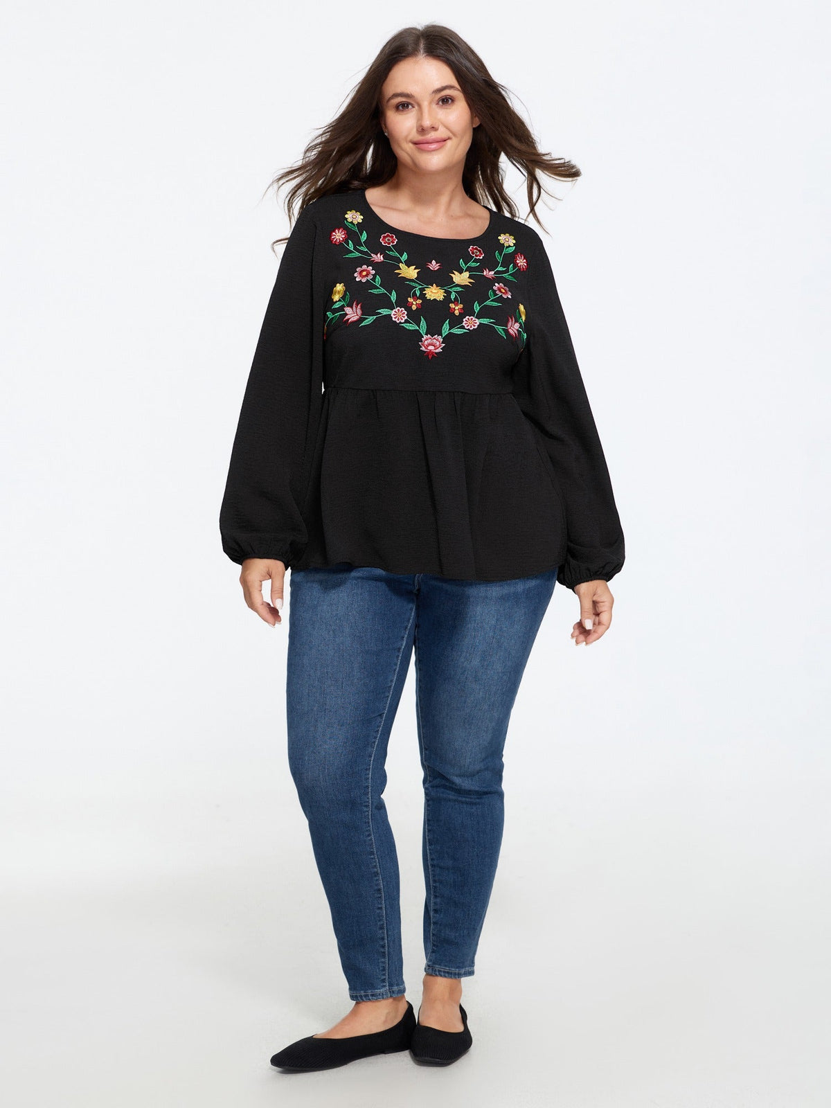 Floral Embroidered Round Neck Peplum Blouse