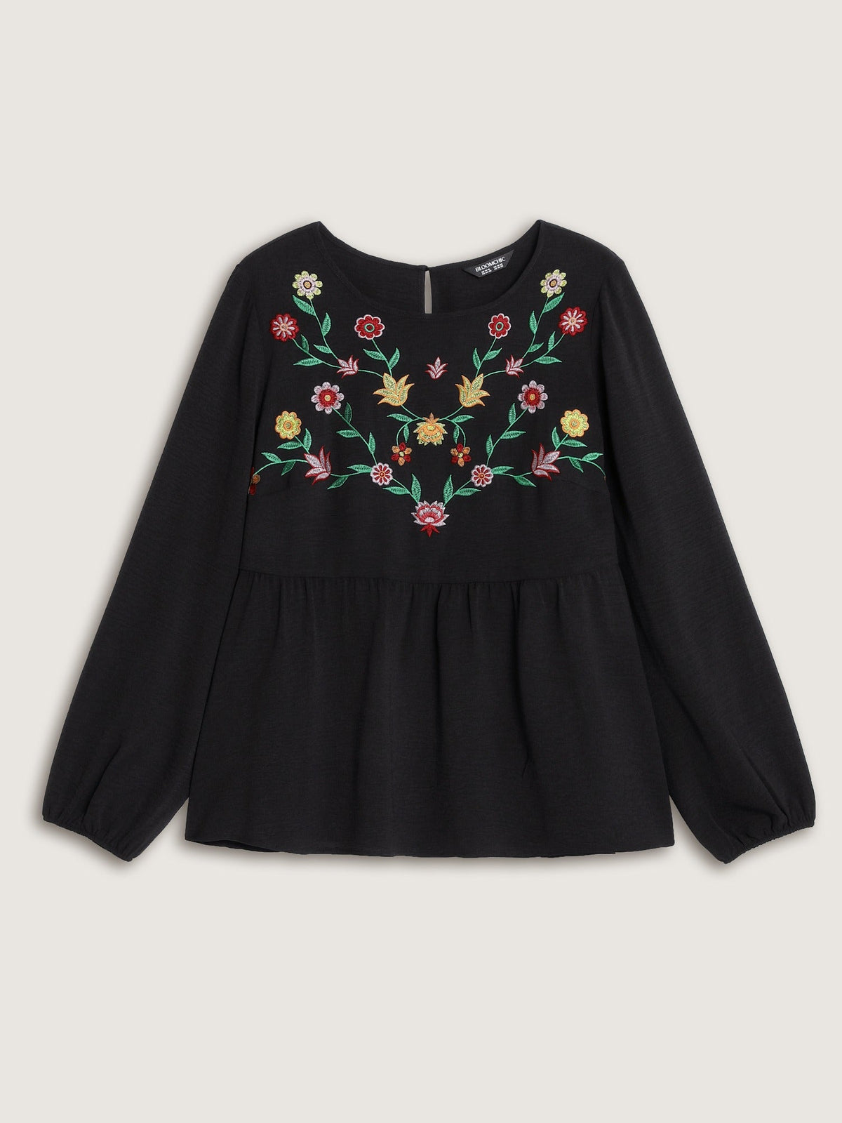 Floral Embroidered Round Neck Peplum Blouse