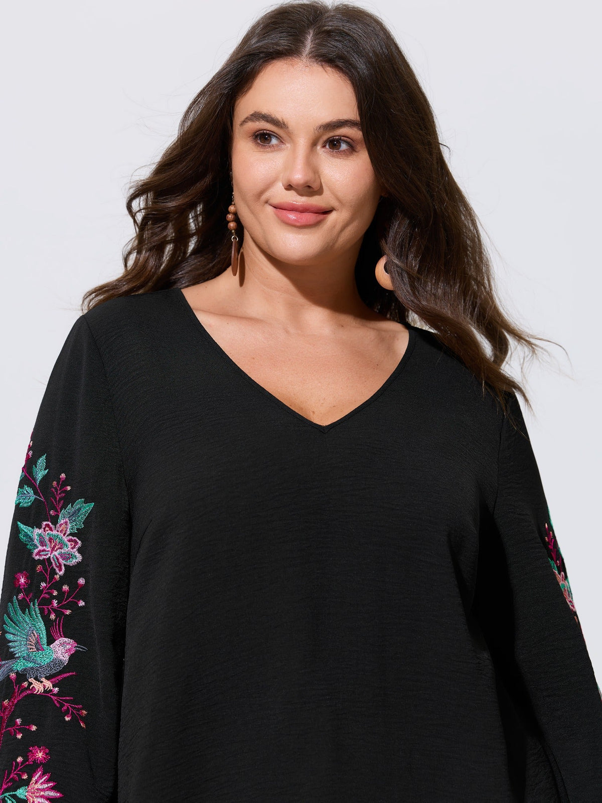 V‑Neck Floral Bird Embroidered Blouse