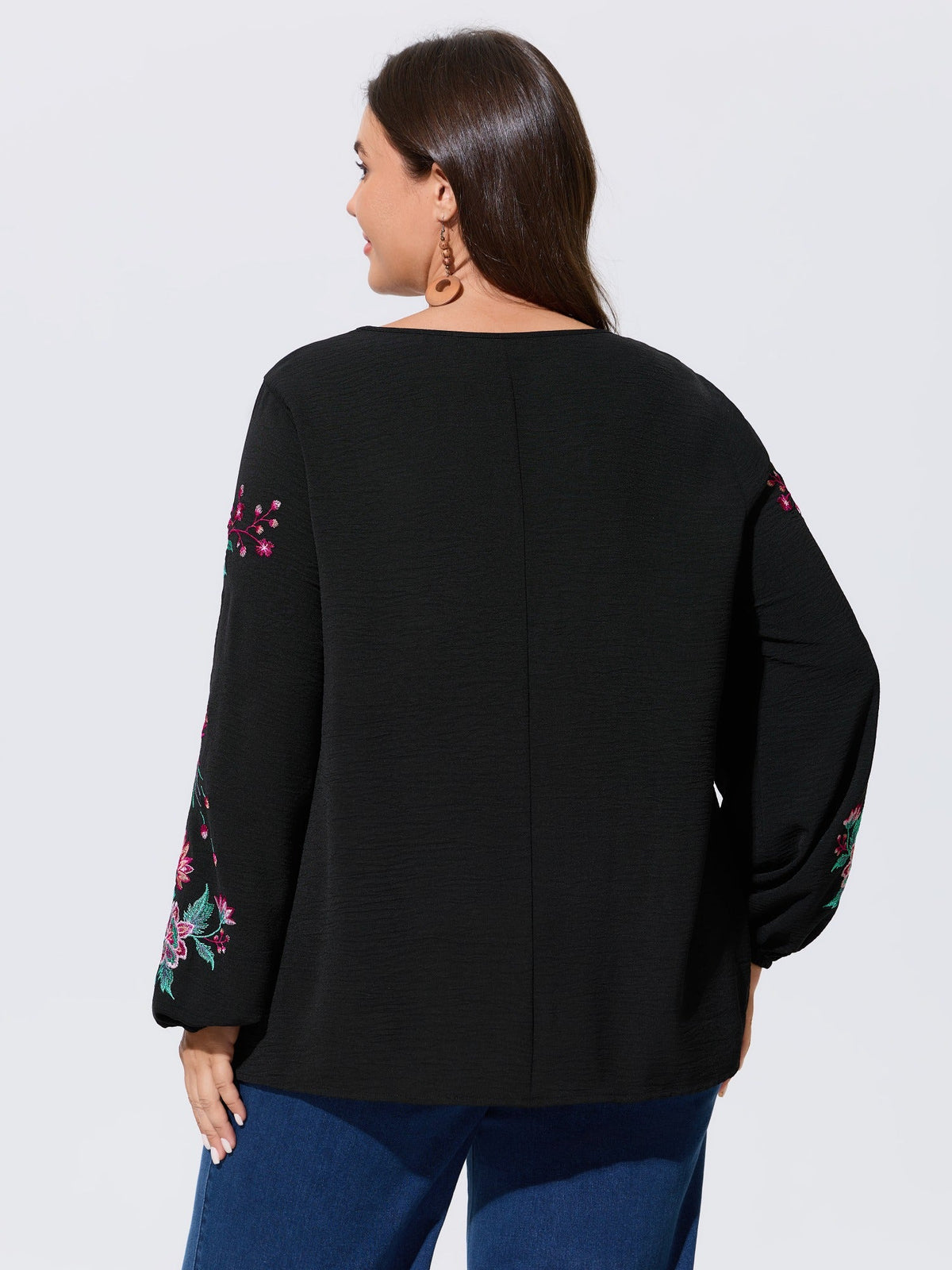 V‑Neck Floral Bird Embroidered Blouse