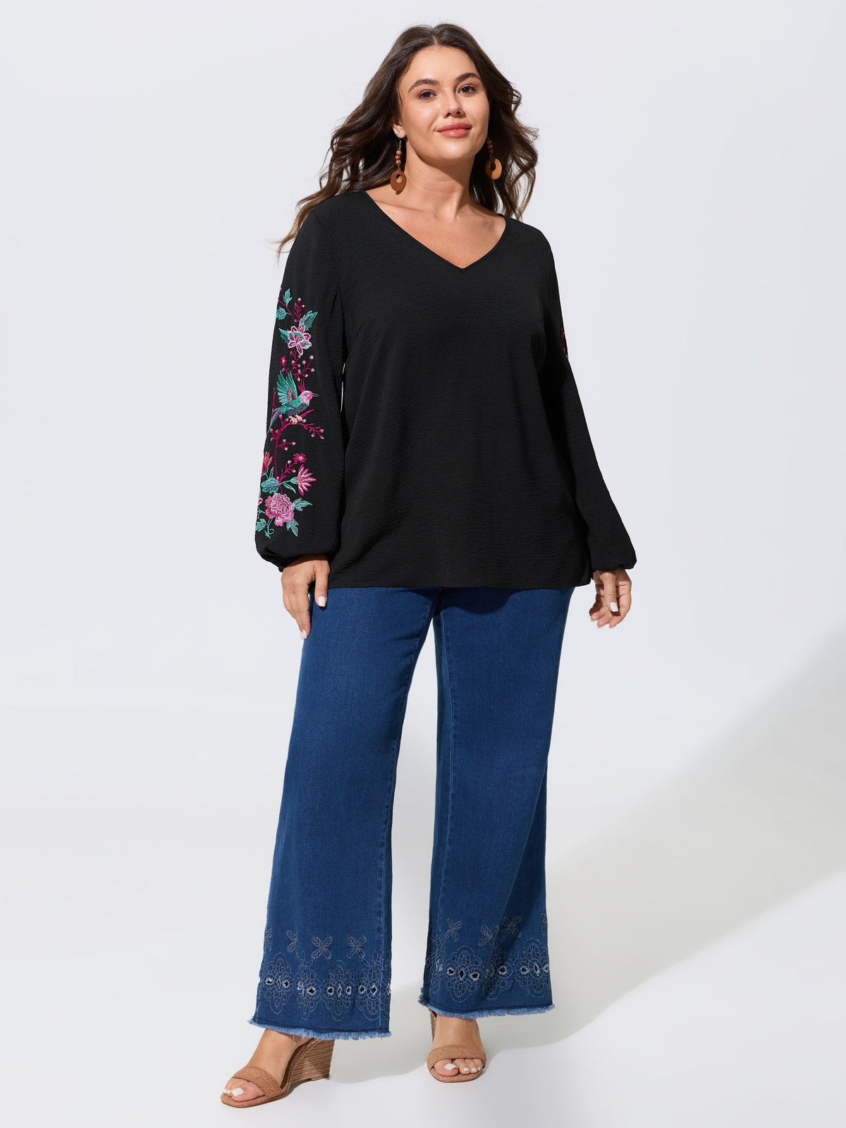 V‑Neck Floral Bird Embroidered Blouse