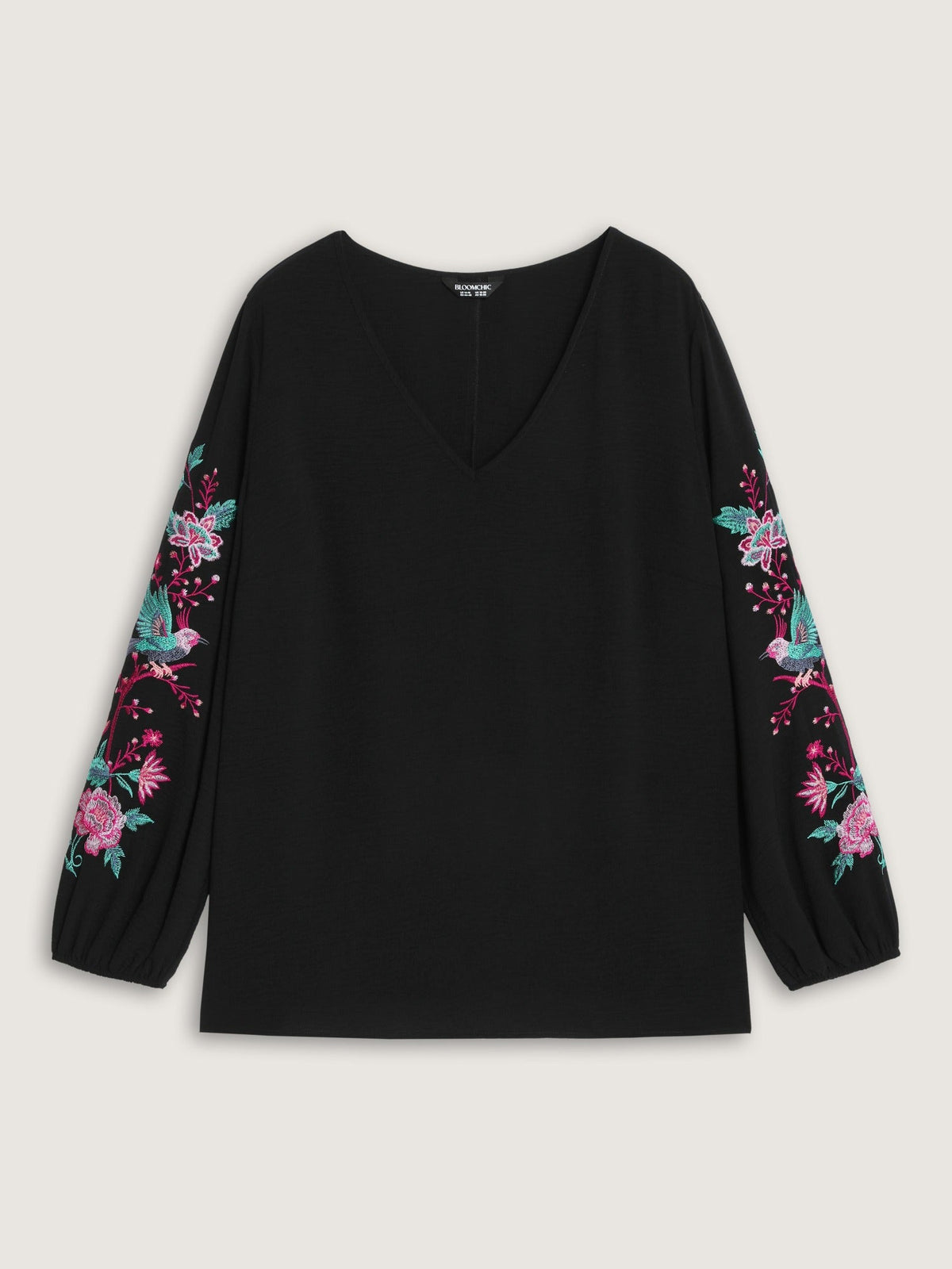 V‑Neck Floral Bird Embroidered Blouse