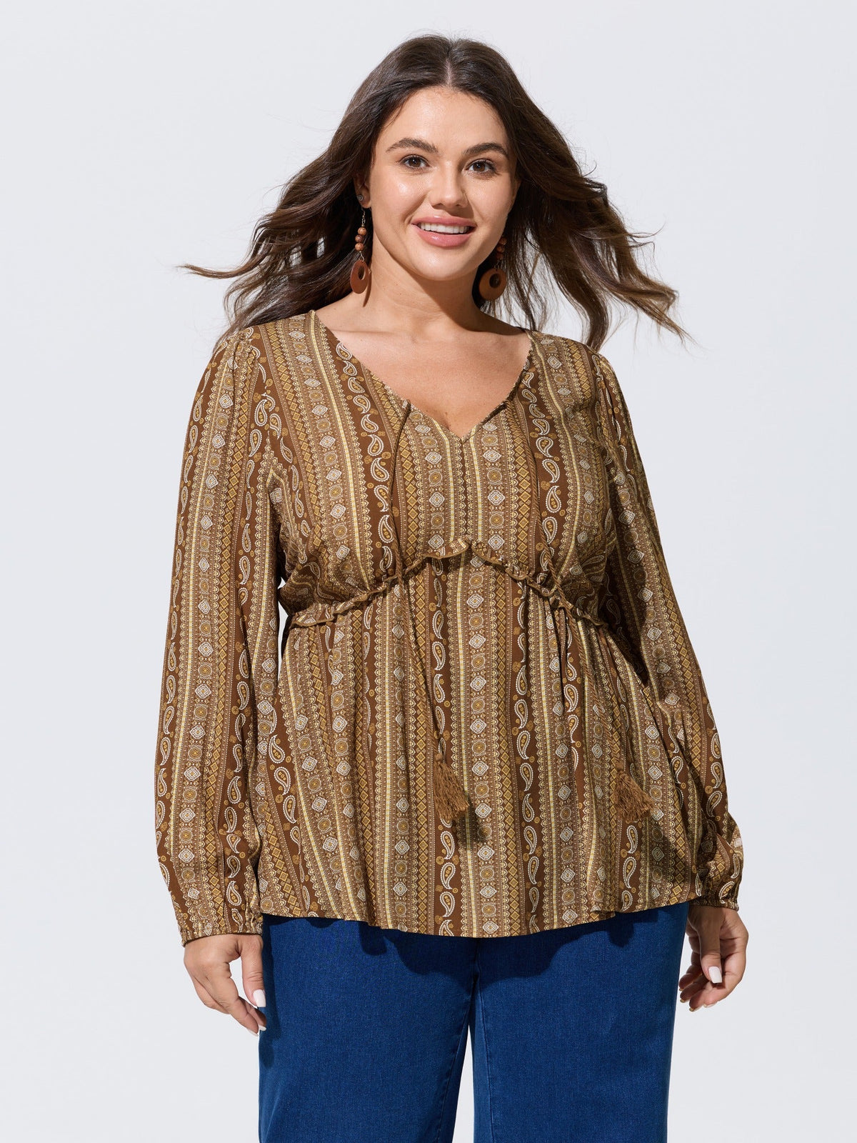 Paisley Print V Neck Ruffle Blouse