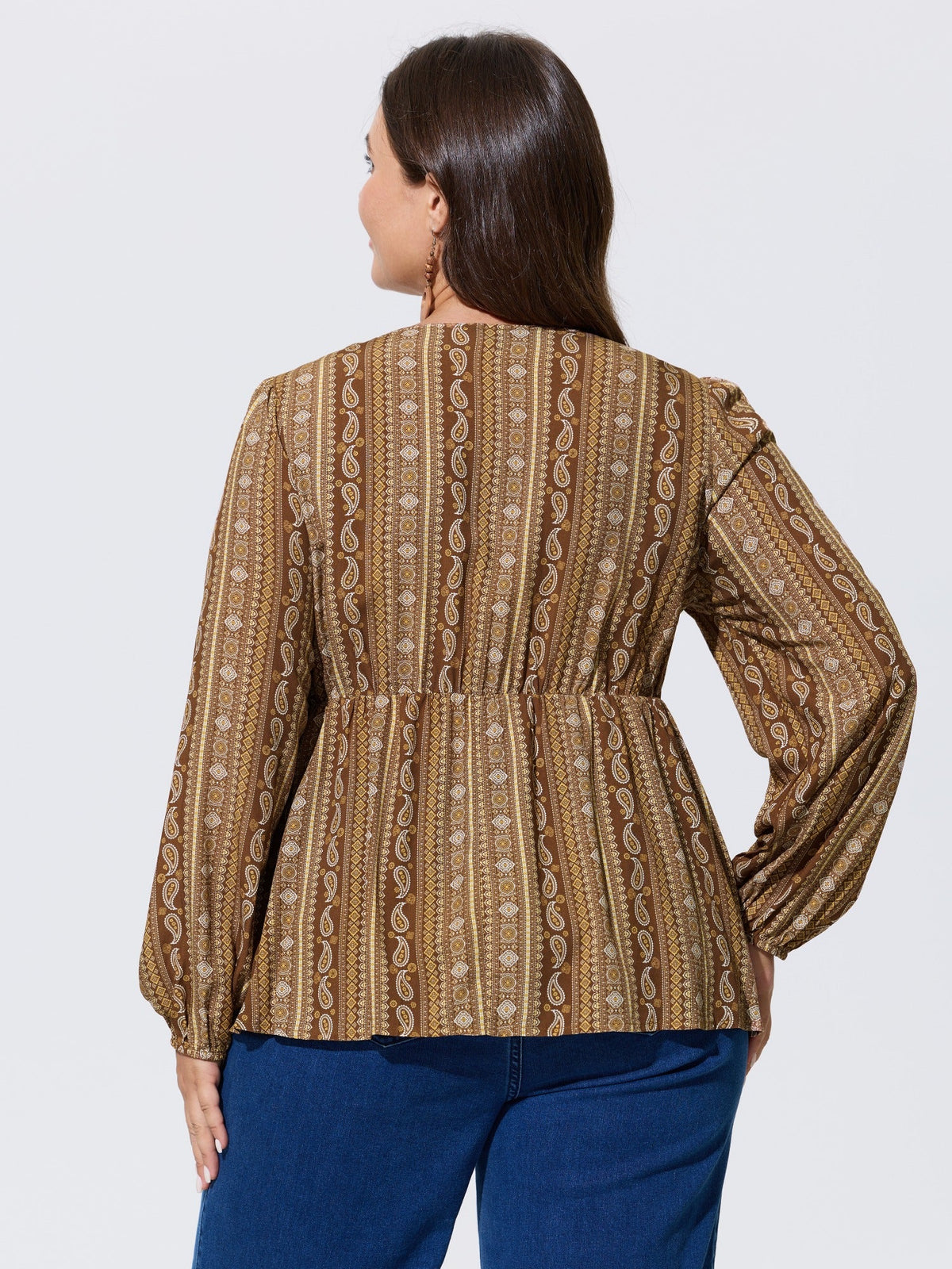 Paisley Print V Neck Ruffle Blouse