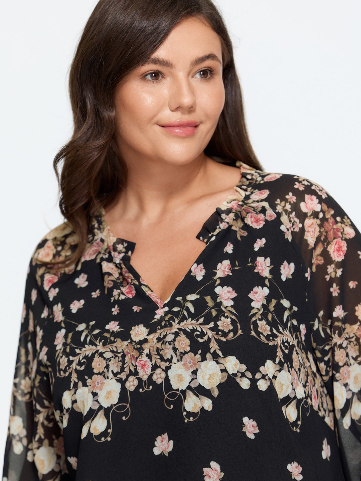 Floral Print Puff Sleeve Sheer Chiffon Blouse