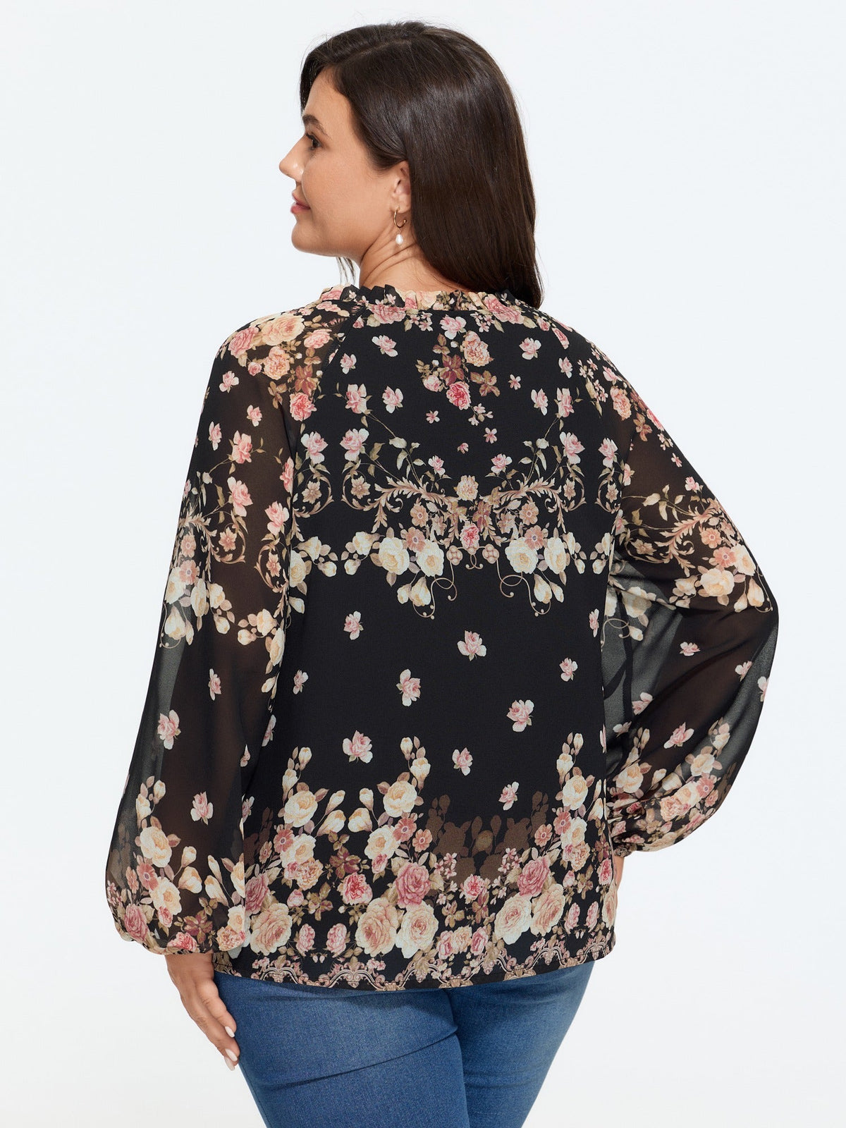Floral Print Puff Sleeve Sheer Chiffon Blouse