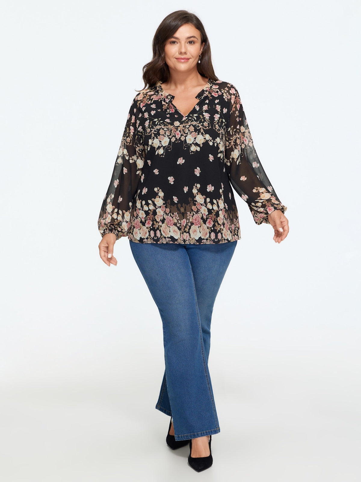 Floral Print Puff Sleeve Sheer Chiffon Blouse