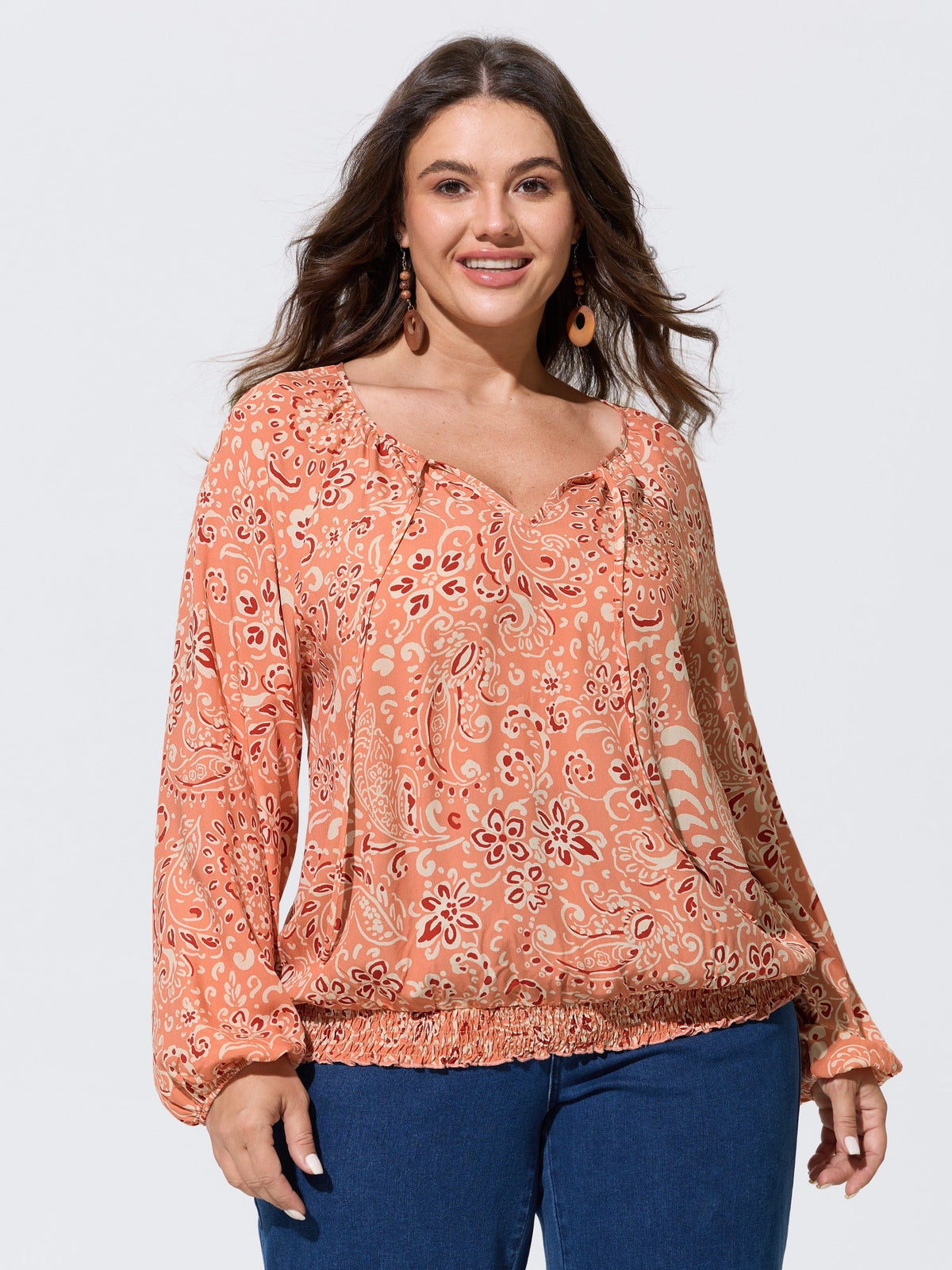 Paisley Print Shirred Hem Blouse