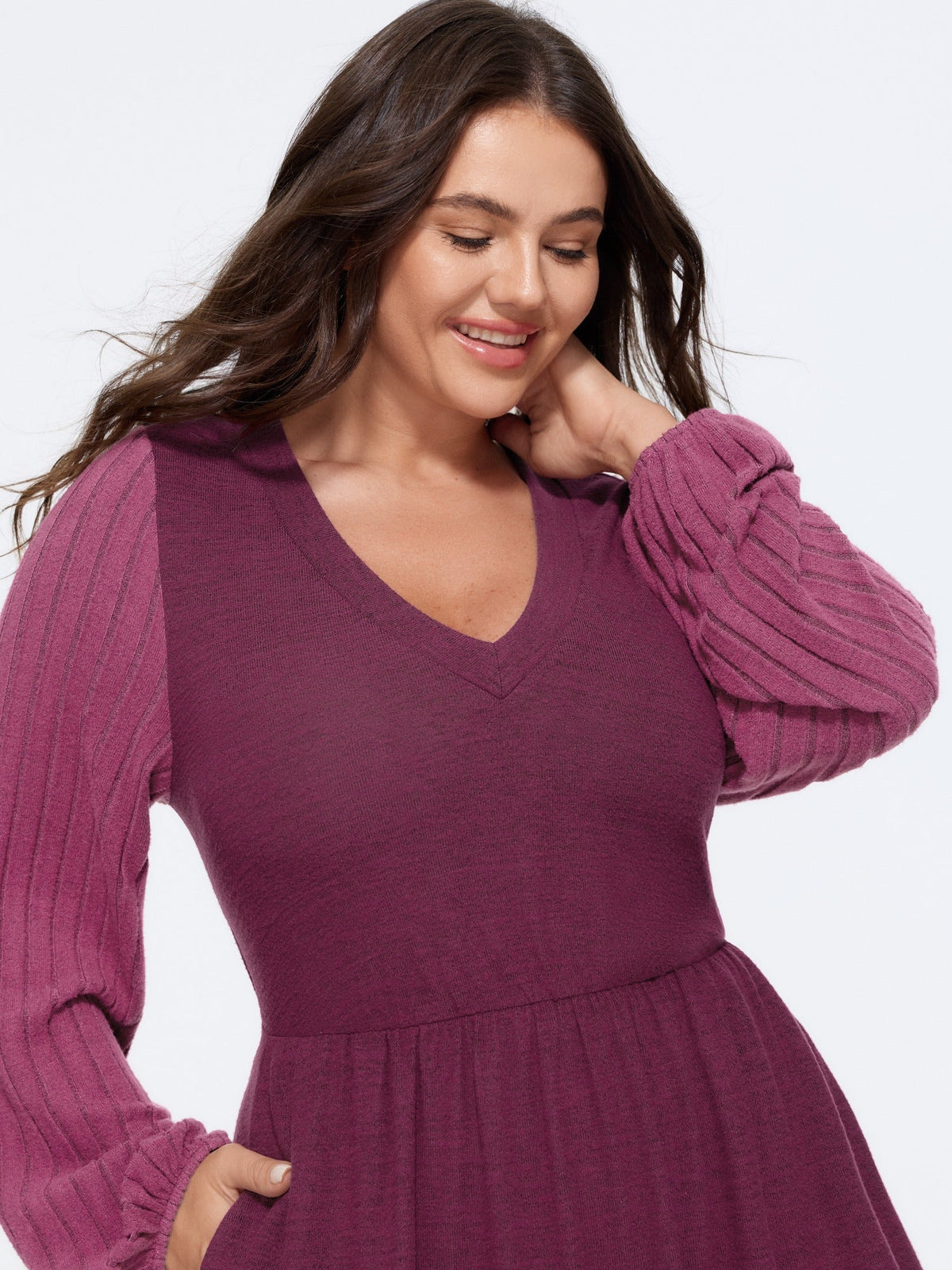 Stretch V Neck Ribbed Long Sleeve Midi Dress