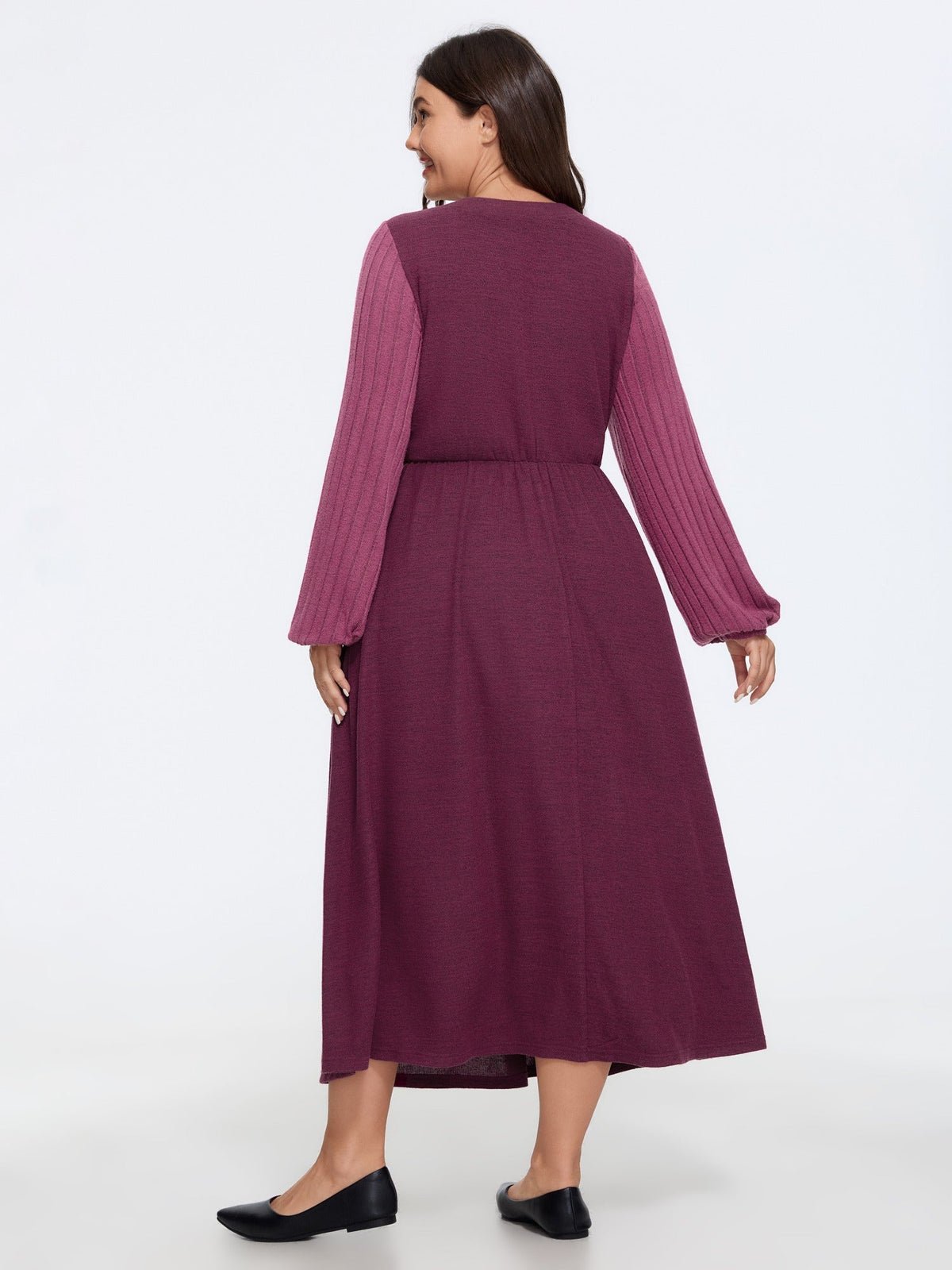 Stretch V Neck Ribbed Long Sleeve Midi Dress