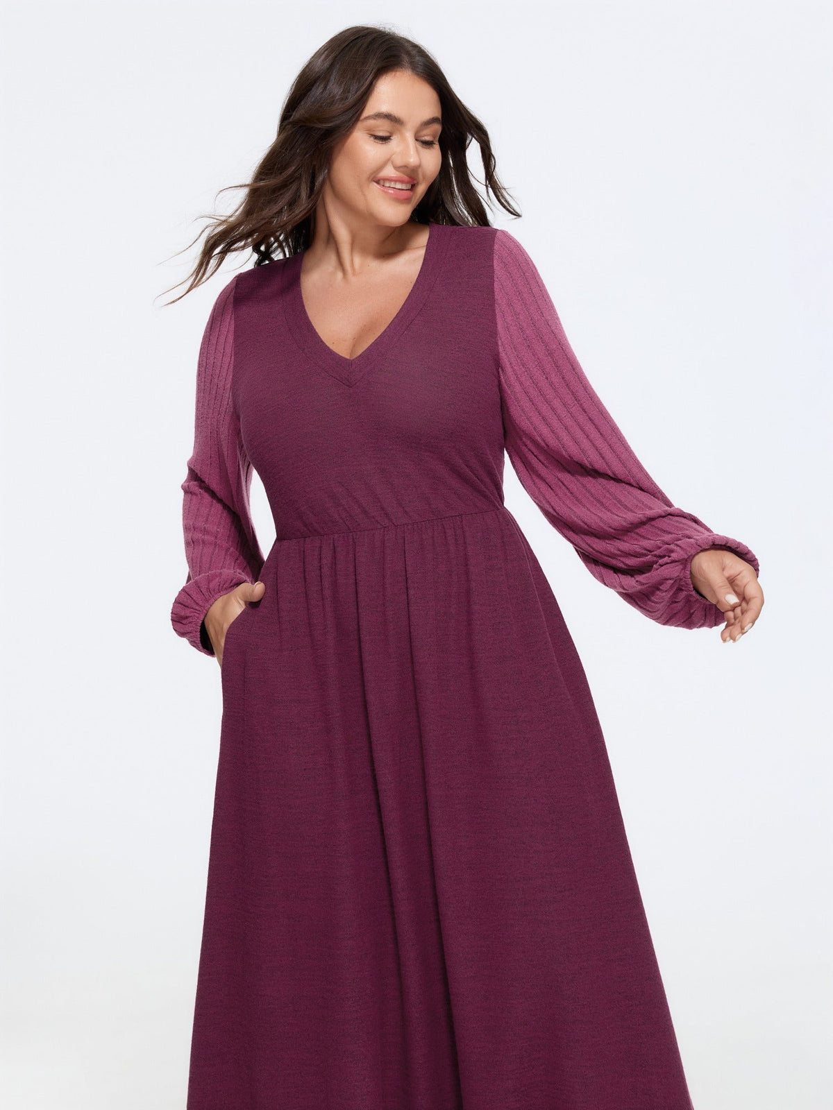 Stretch V Neck Ribbed Long Sleeve Midi Dress