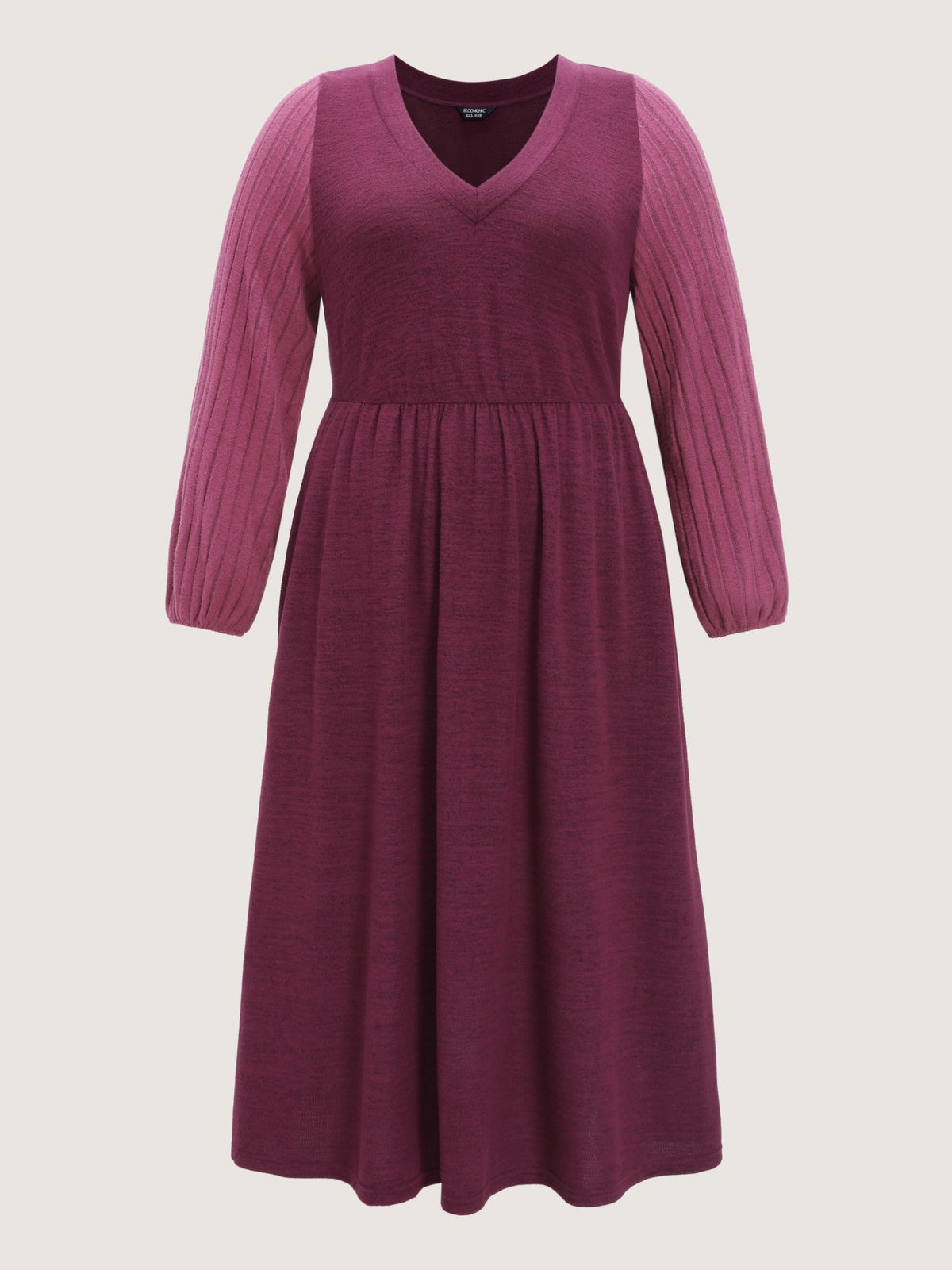 Stretch V Neck Ribbed Long Sleeve Midi Dress
