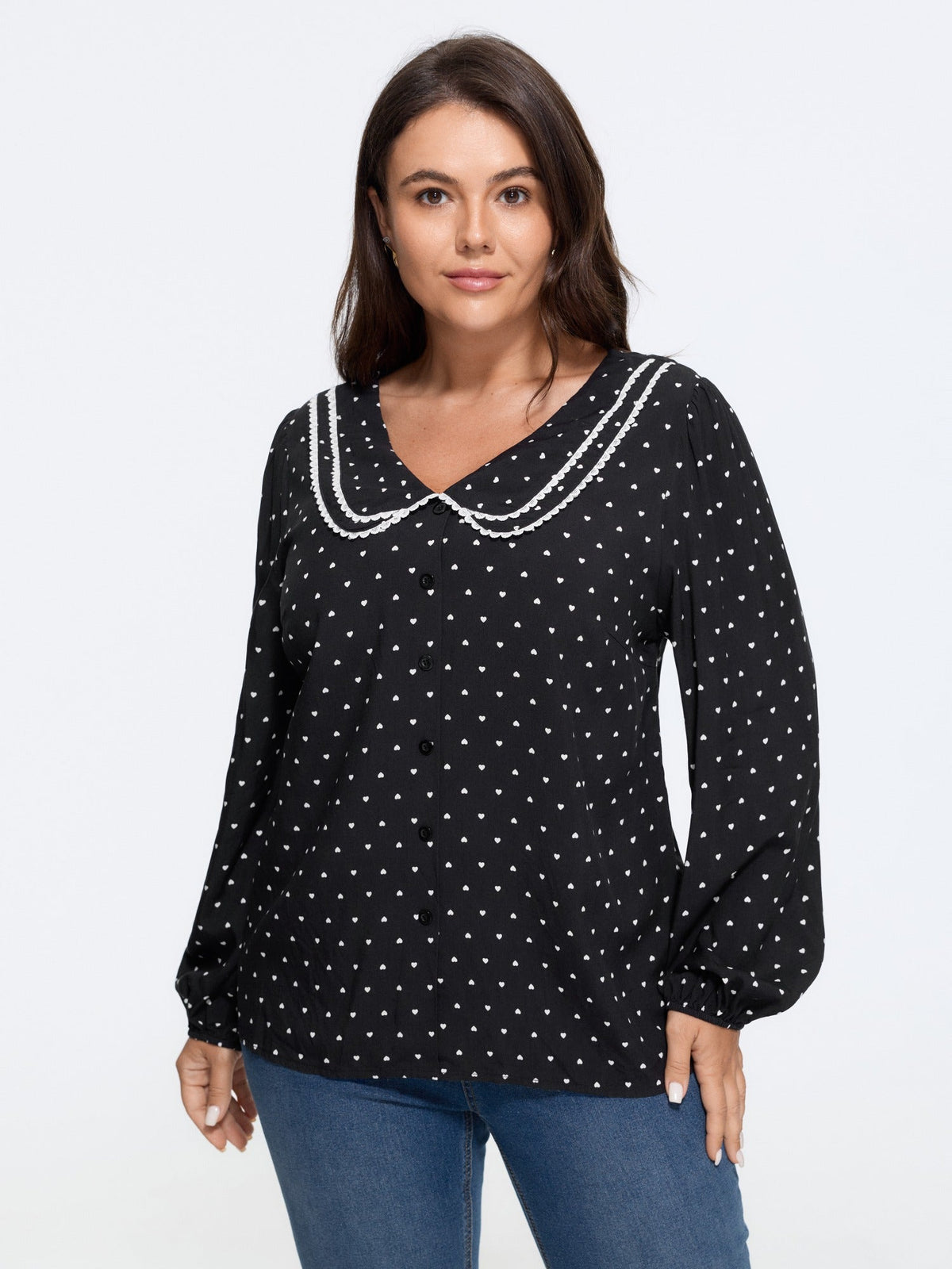 Heart Print Peter Pan Collar Lace Trim Blouse