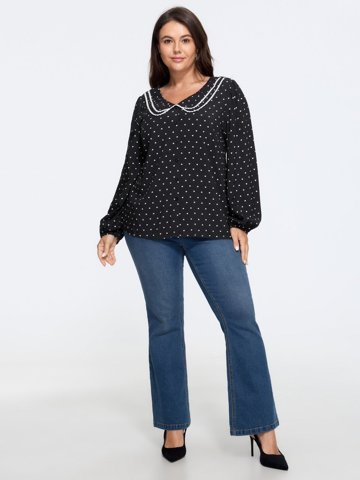 Heart Print Peter Pan Collar Lace Trim Blouse