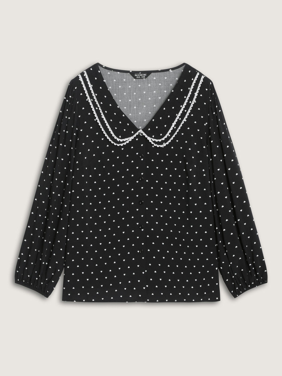 Heart Print Peter Pan Collar Lace Trim Blouse