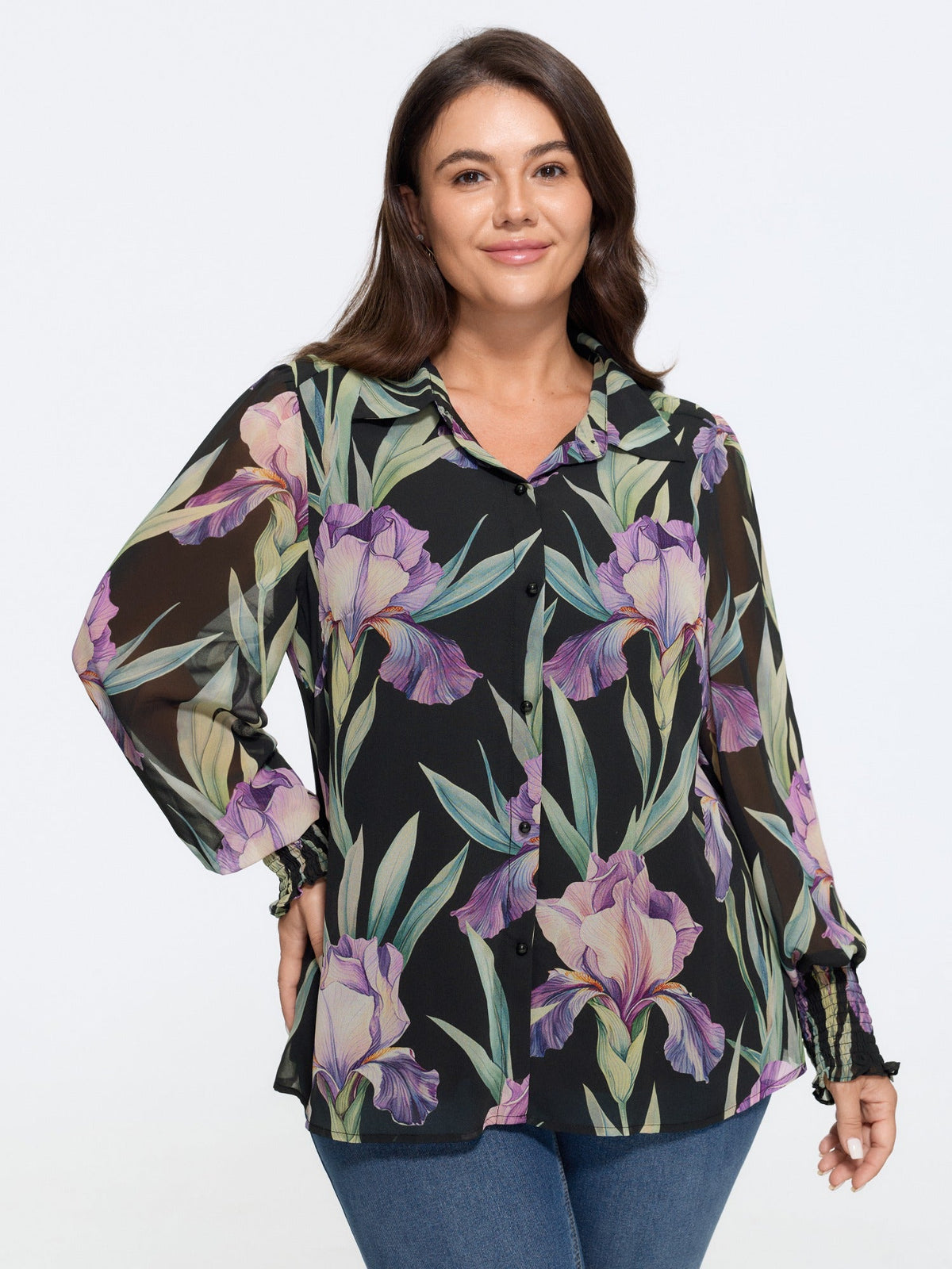 Floral Print Shirred Cuff Blouse