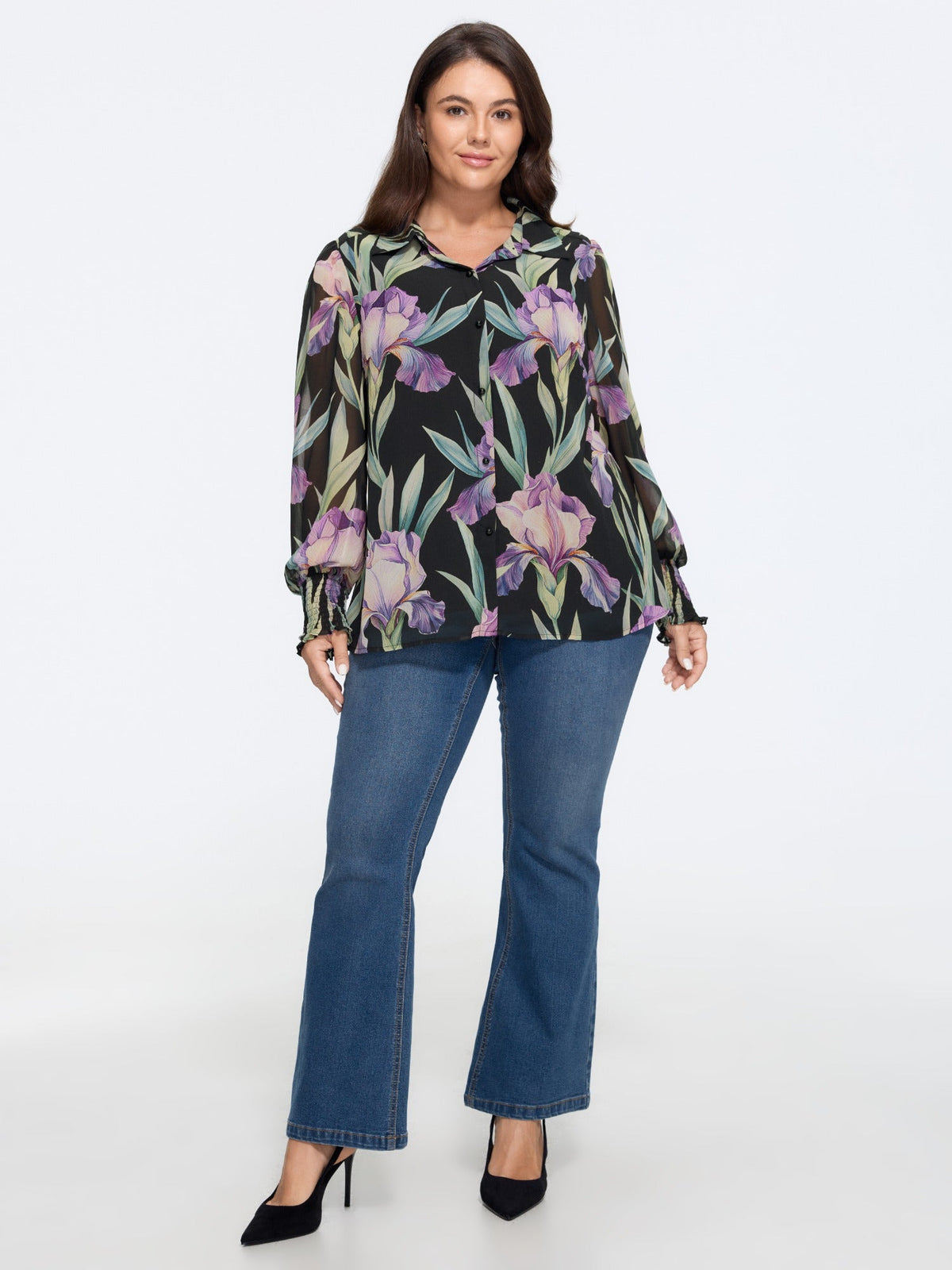 Floral Print Shirred Cuff Blouse