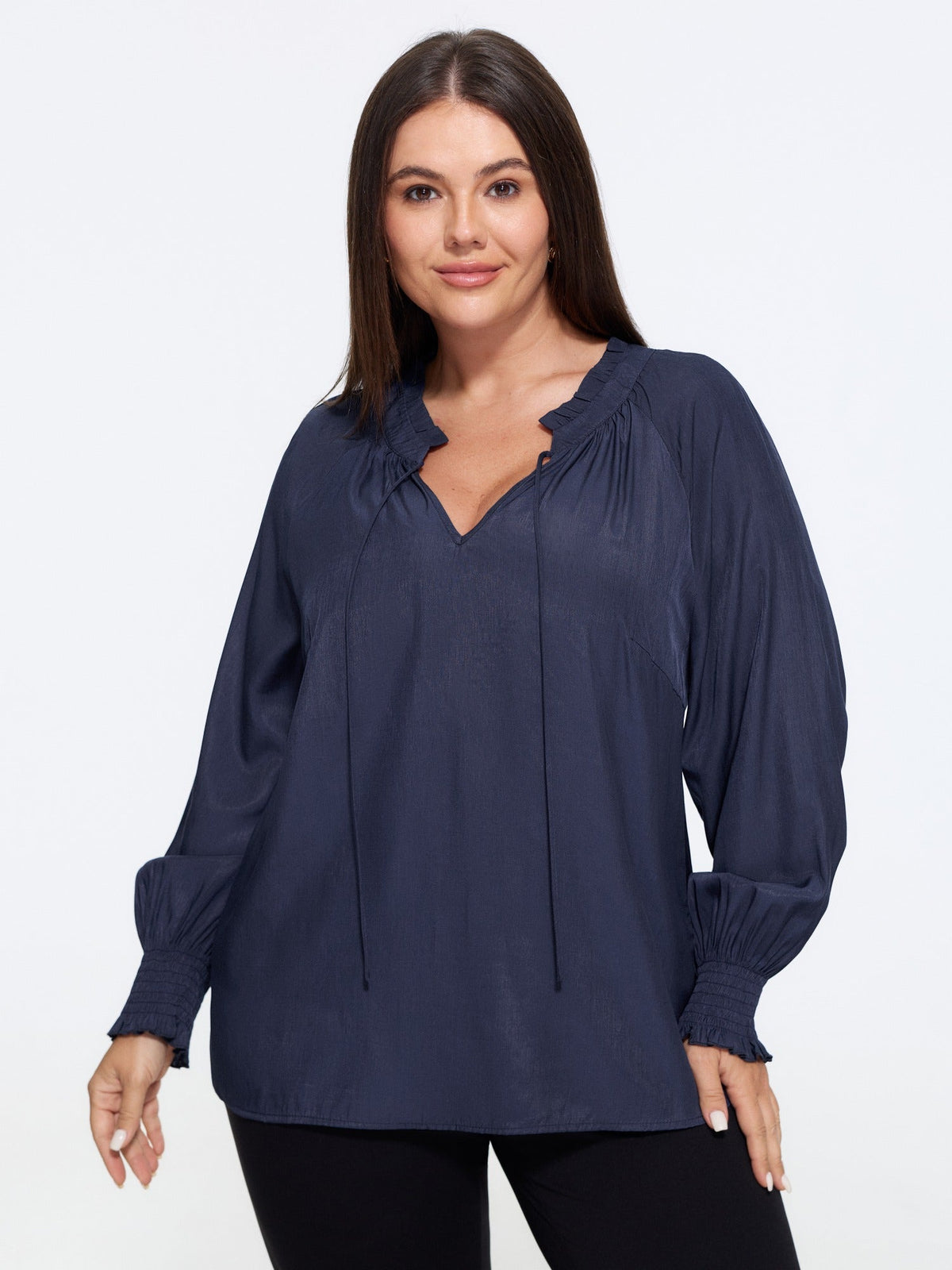 V Neck Tie Shirred Cuff Ruffle Blouse