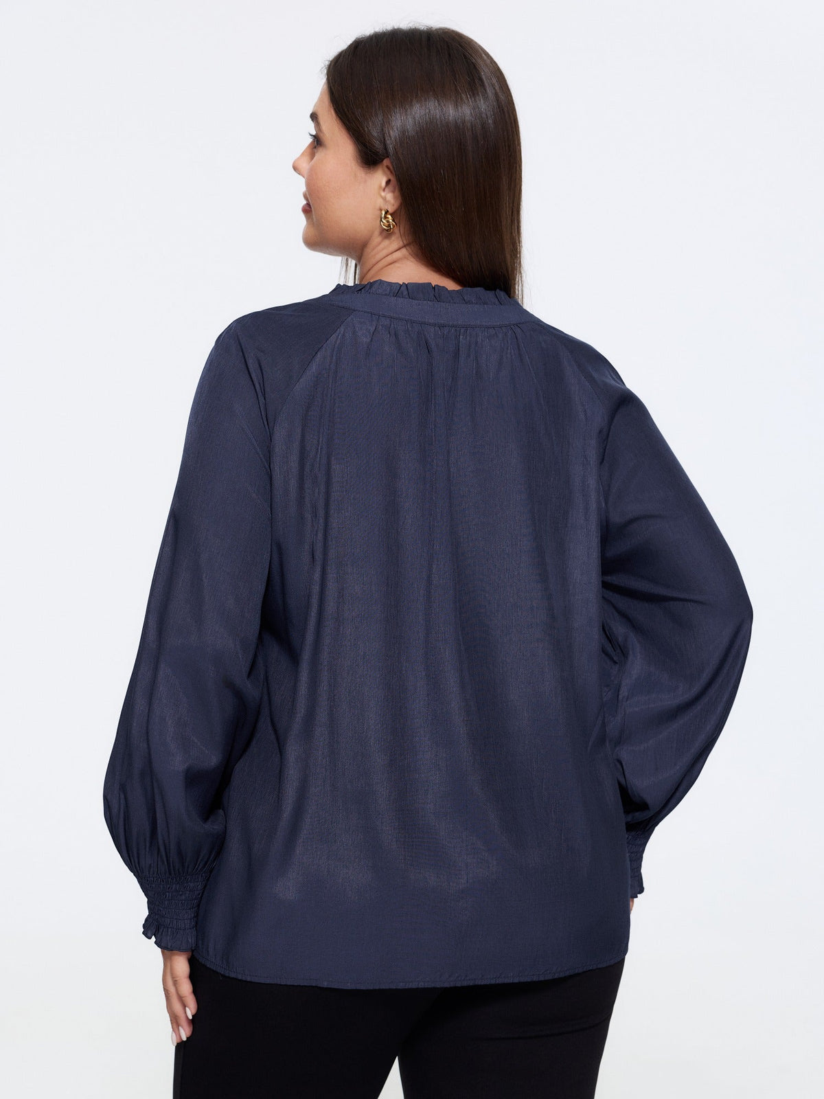 V Neck Tie Shirred Cuff Ruffle Blouse